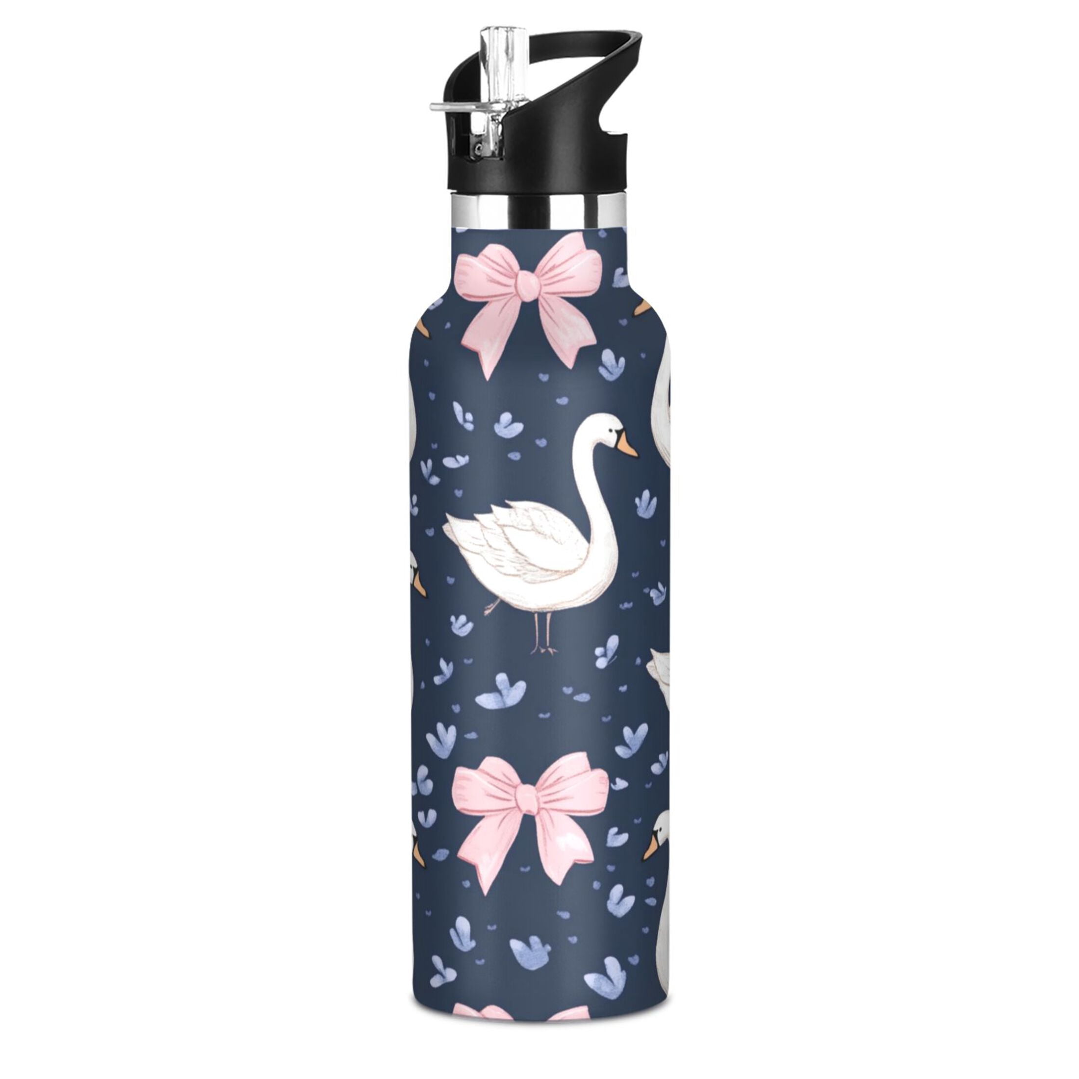 Kids Insulated Stainless Steel Sports Water Bottle 600ml (20oz) Swans and Pink Bows