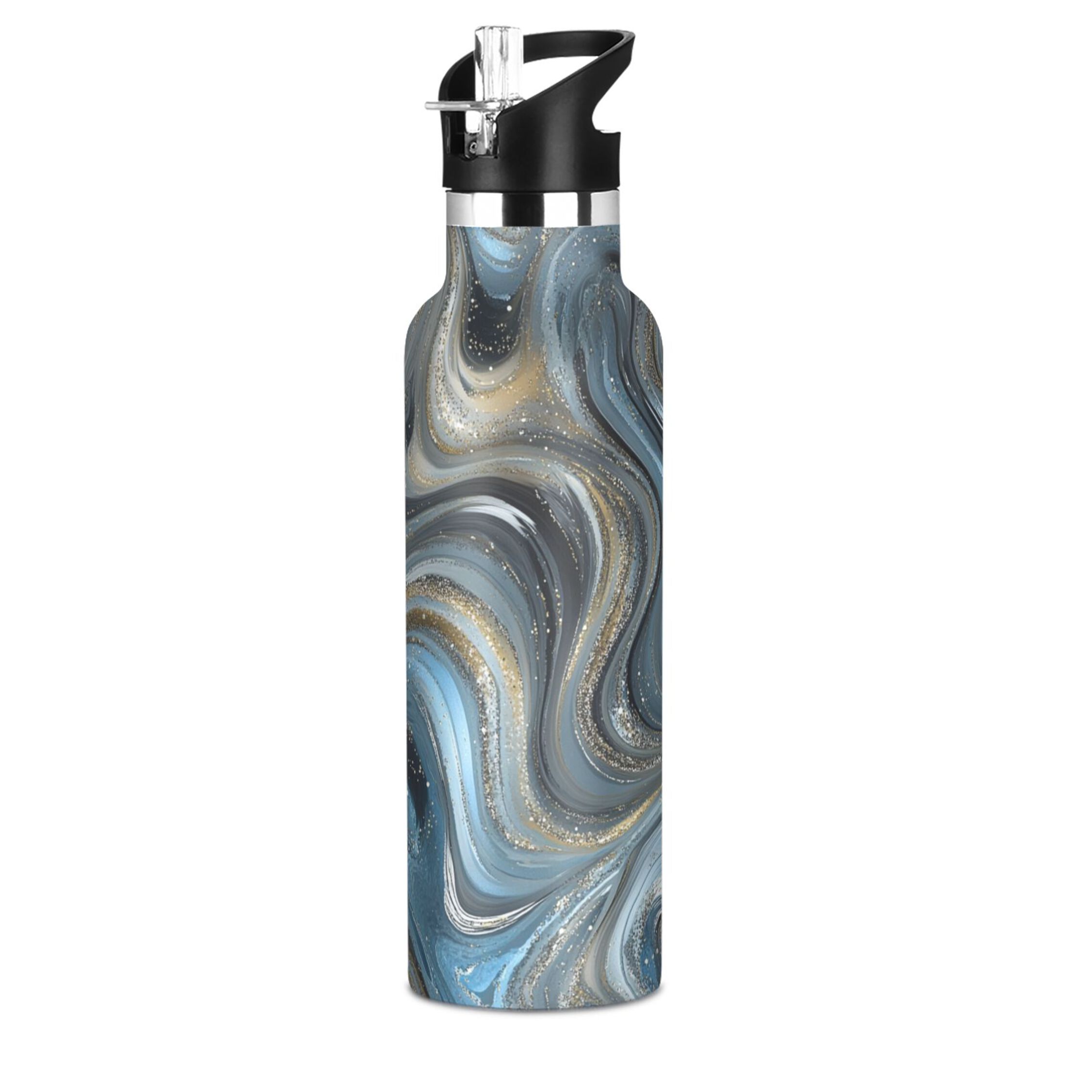 Kids Insulated Stainless Steel Sports Water Bottle 600ml (20oz) Swirling Metal and Marble Pattern