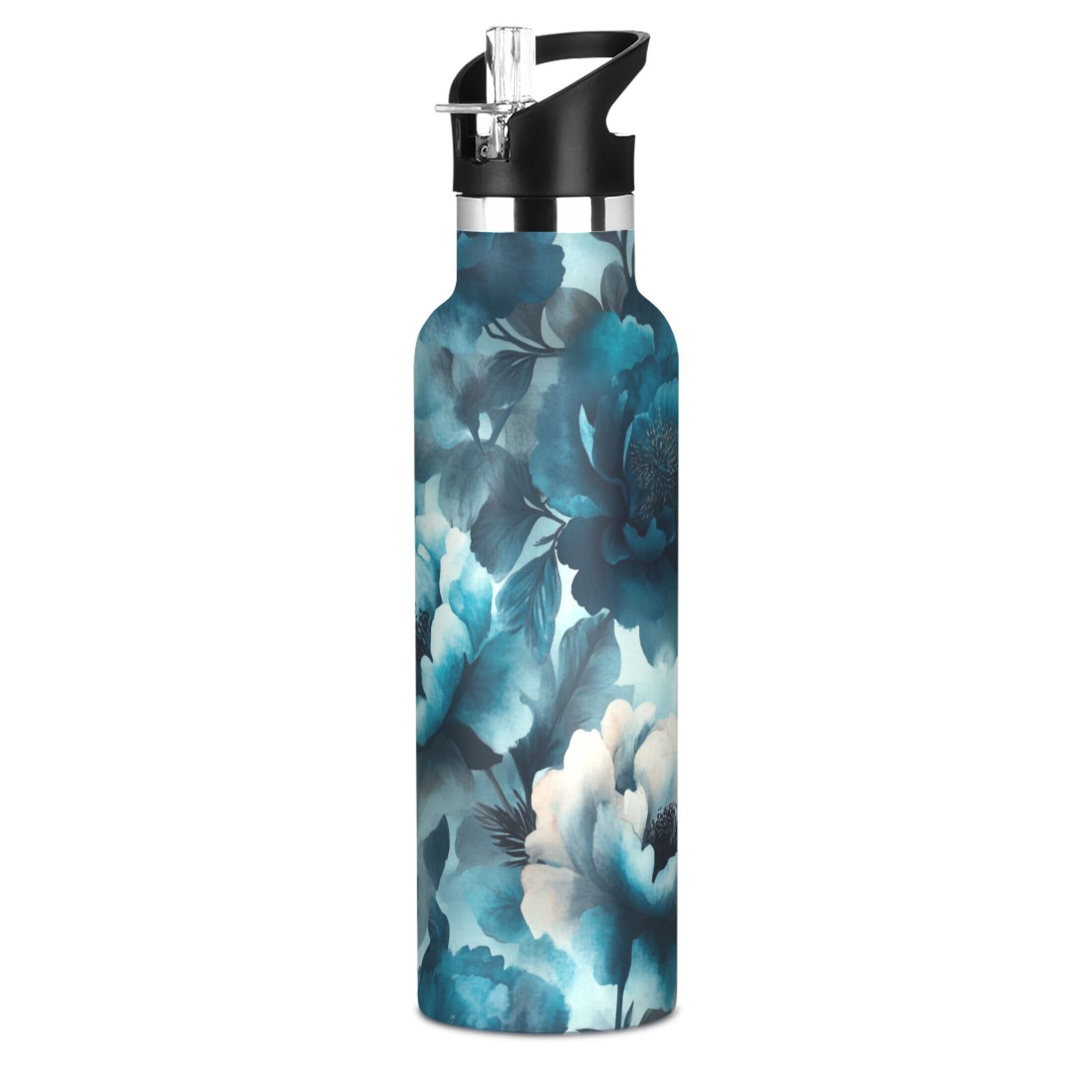 Kids Insulated Stainless Steel Sports Water Bottle 600ml (20oz) Teal Elegant Floral Pattern