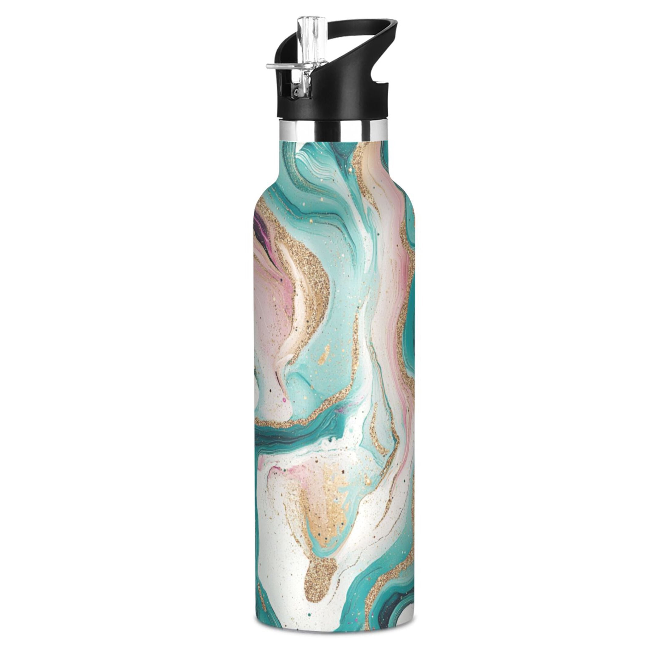 Kids Insulated Stainless Steel Sports Water Bottle 600ml (20oz) Teal Swirling Marble Pattern