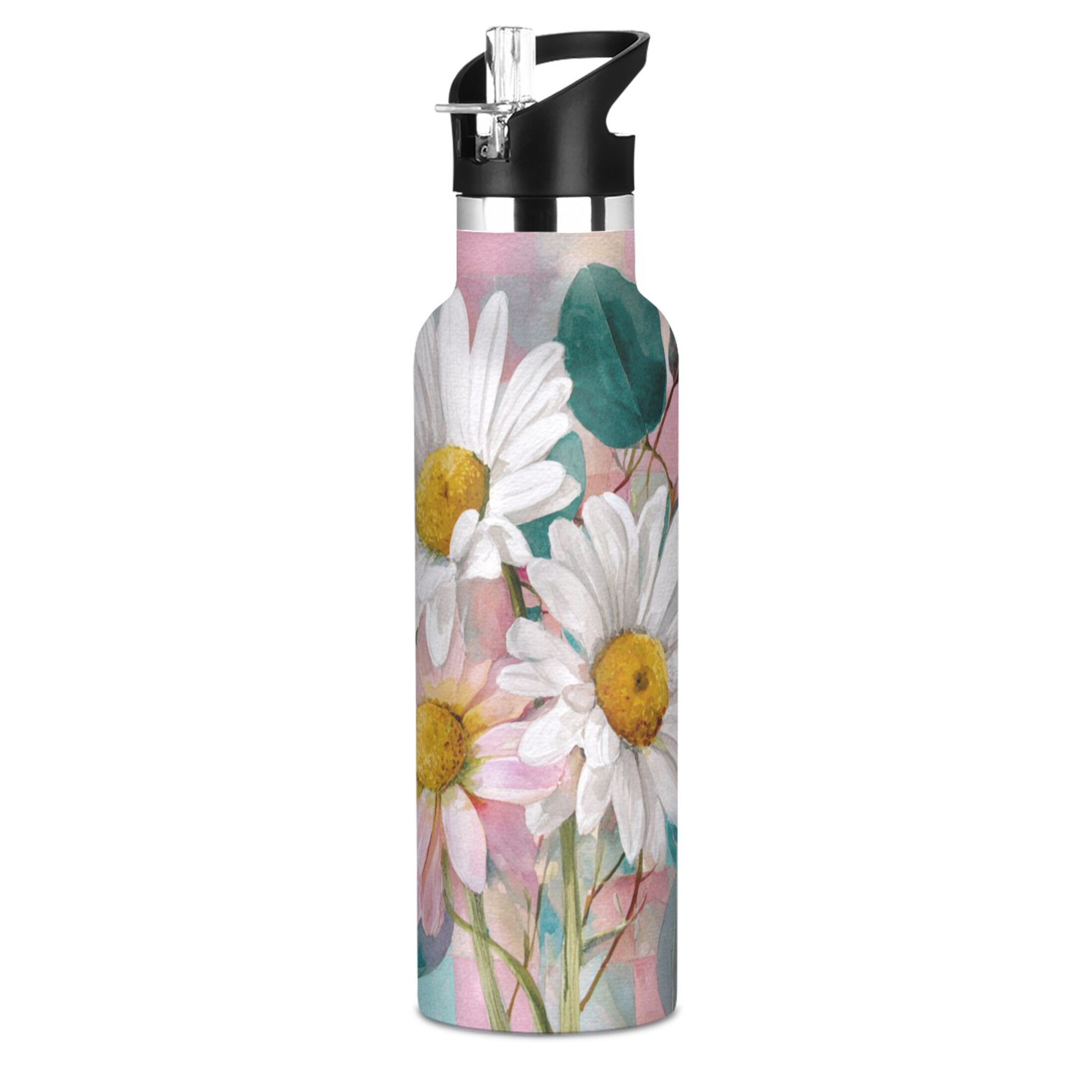 Kids Insulated Stainless Steel Sports Water Bottle 600ml (20oz) Three Large White Daisies