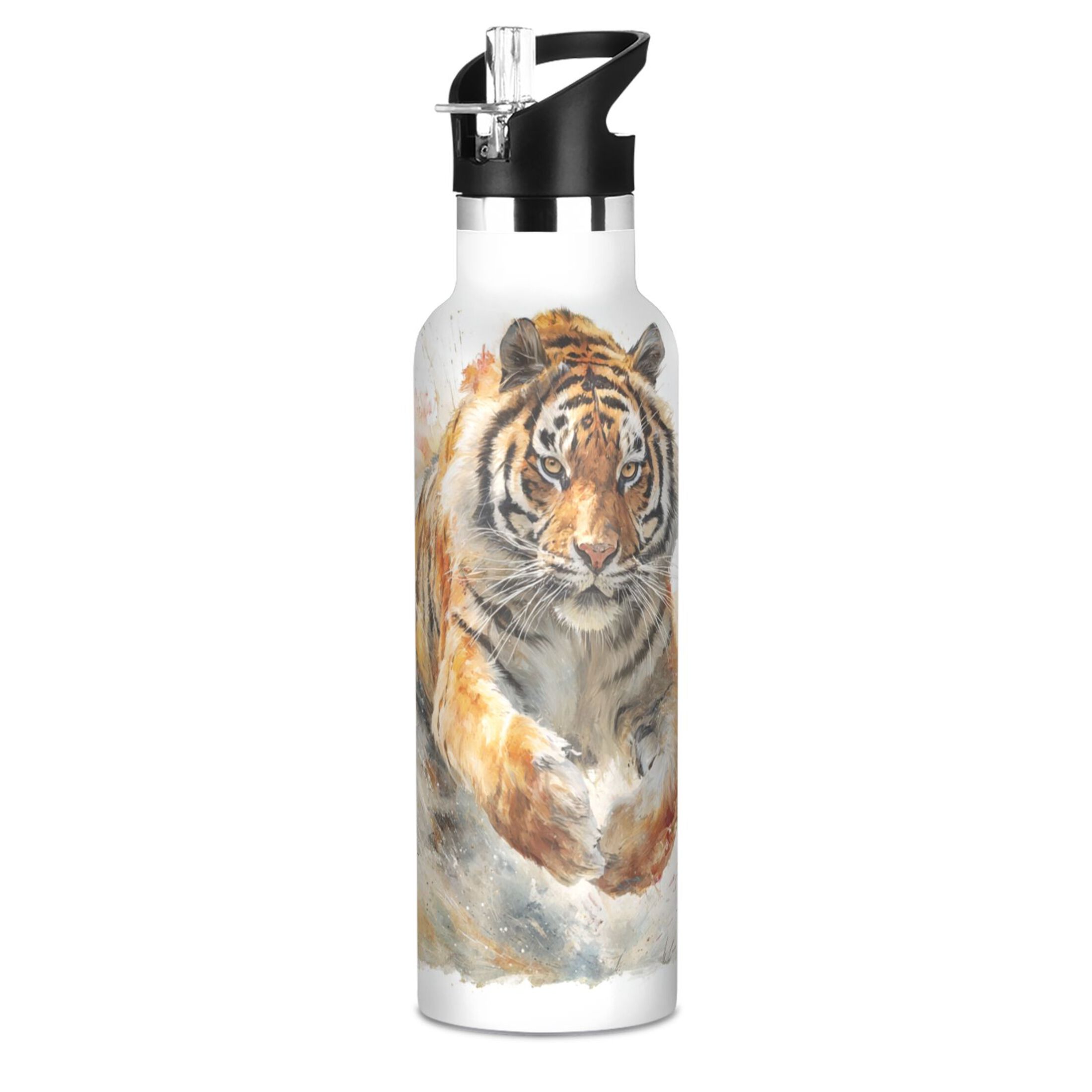 Kids Insulated Stainless Steel Sports Water Bottle 600ml (20oz) Tiger in Action