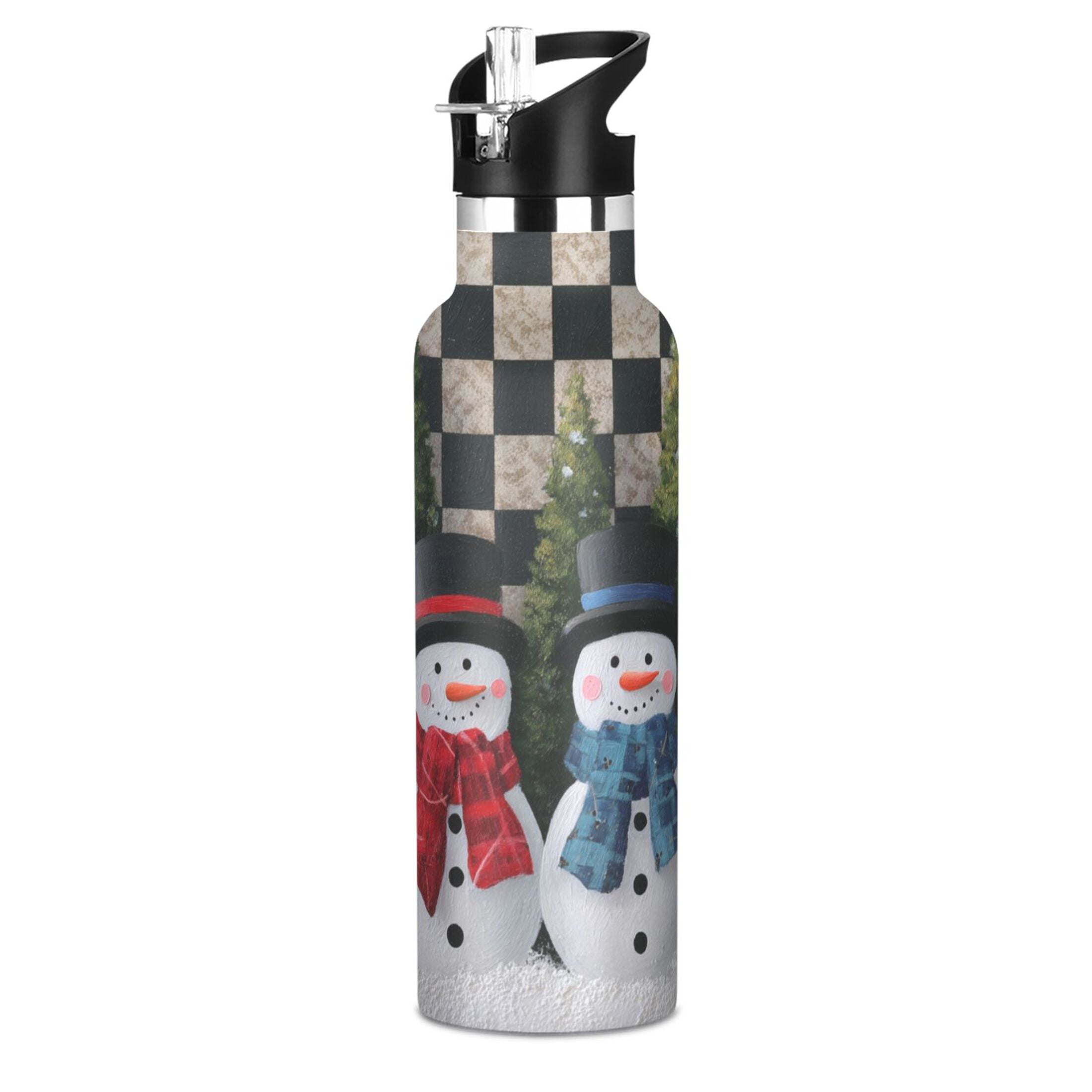 Kids Insulated Stainless Steel Sports Water Bottle 600ml (20oz) Two Snowmen Pattern