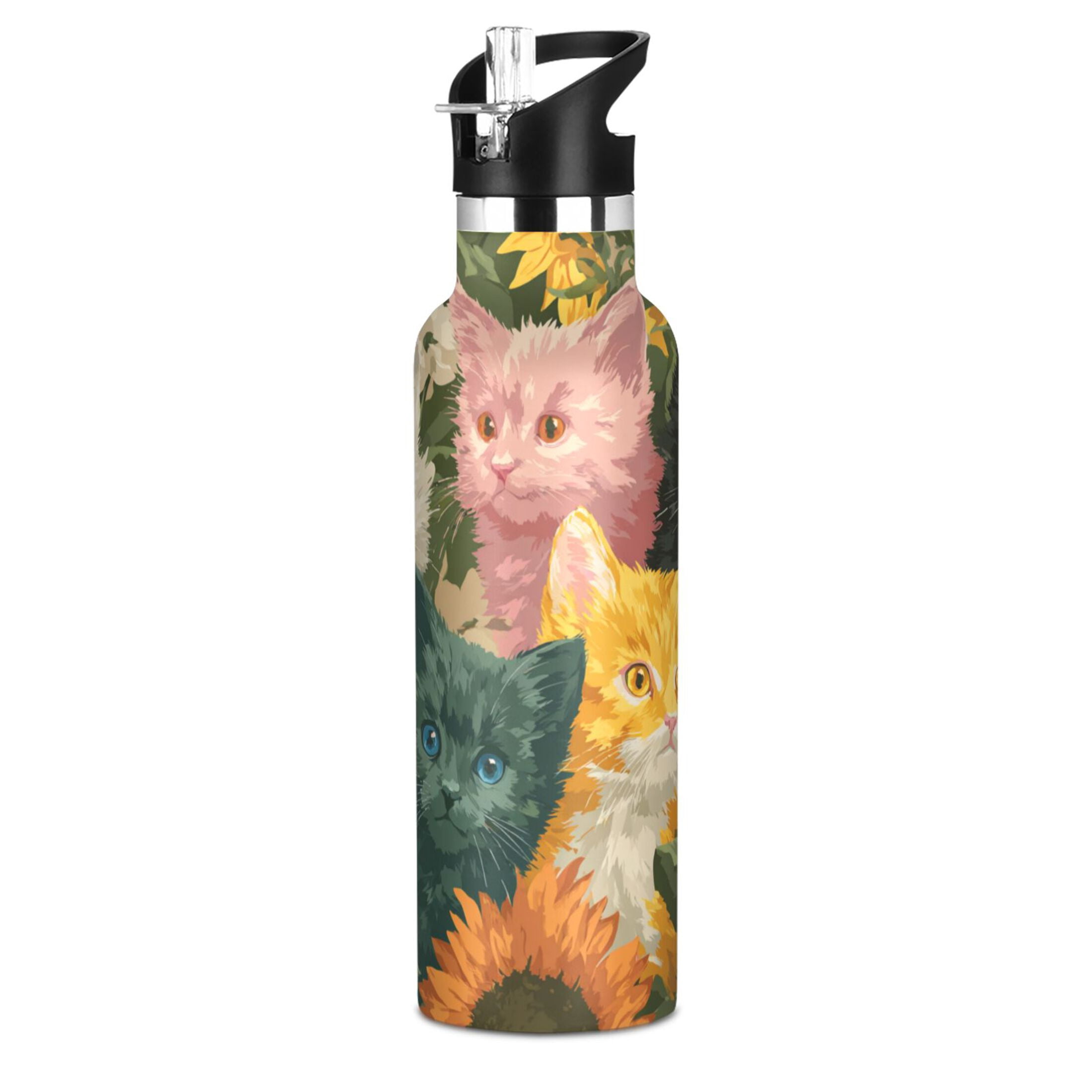 Kids Insulated Stainless Steel Sports Water Bottle 600ml (20oz) Various Colors Cat