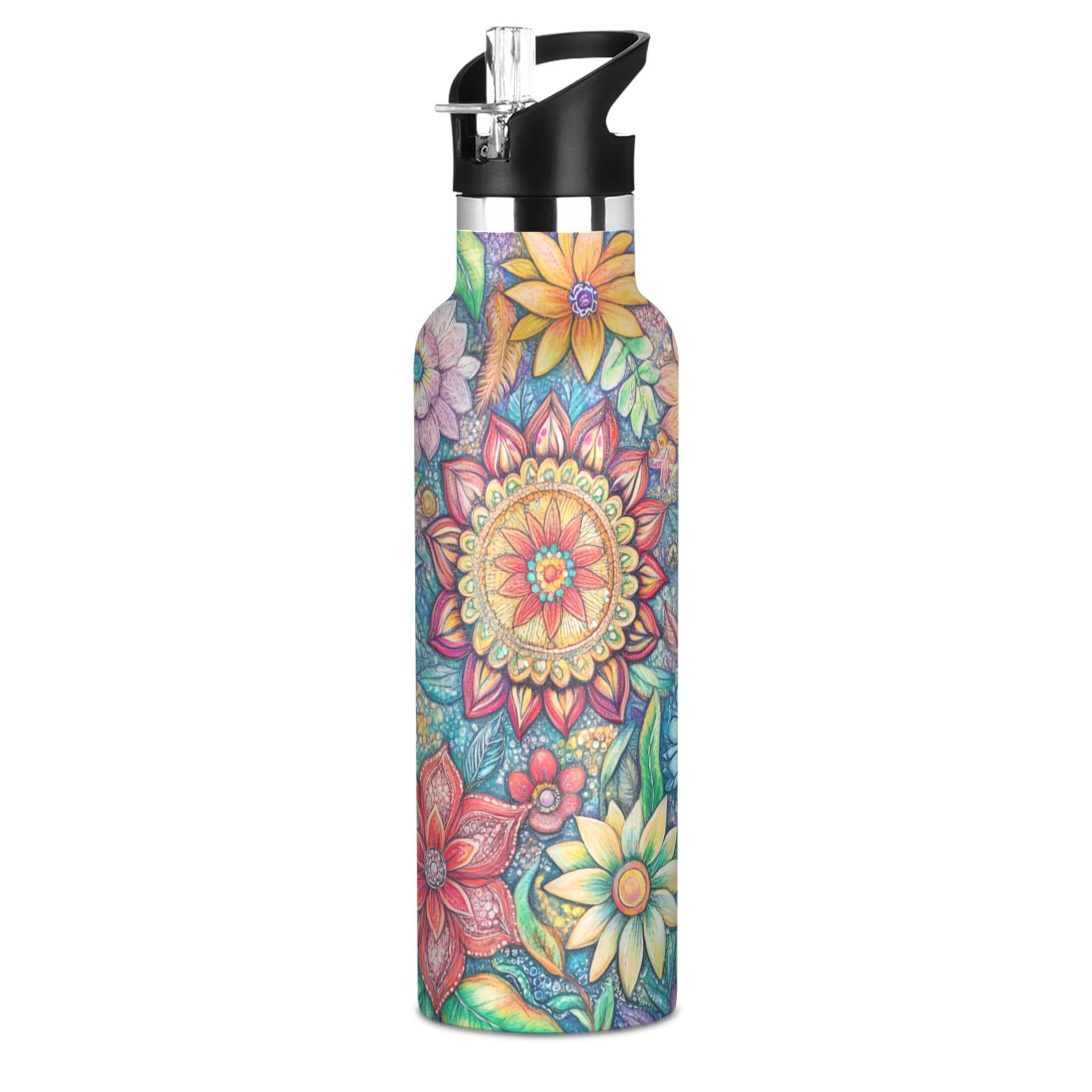 Kids Insulated Stainless Steel Sports Water Bottle 600ml (20oz) Vibrant and Colorful Flower