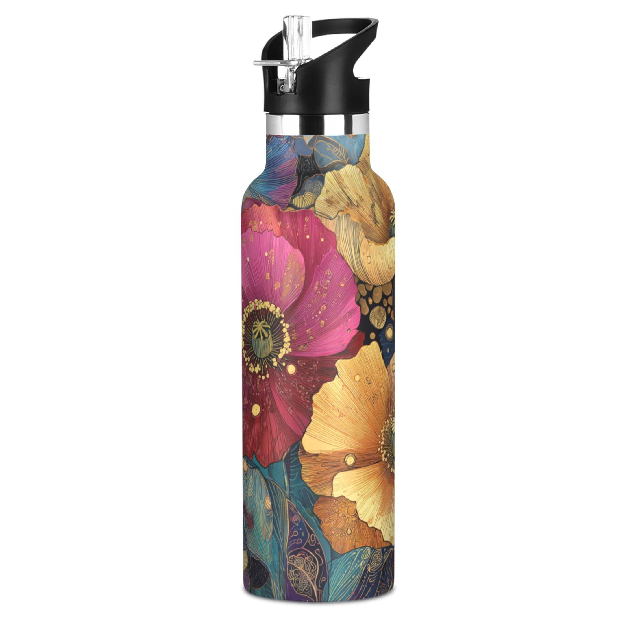 Kids Insulated Stainless Steel Sports Water Bottle 600ml (20oz) Vibrant and Intricate Flowers