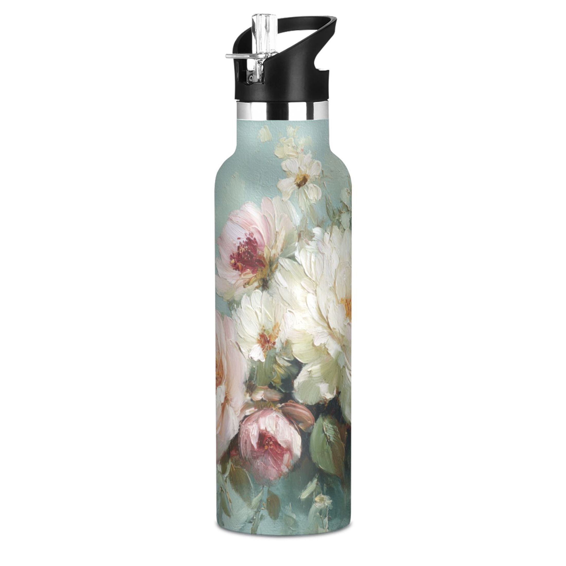 Kids Insulated Stainless Steel Sports Water Bottle 600ml (20oz) Vintage Peonies and Daisies