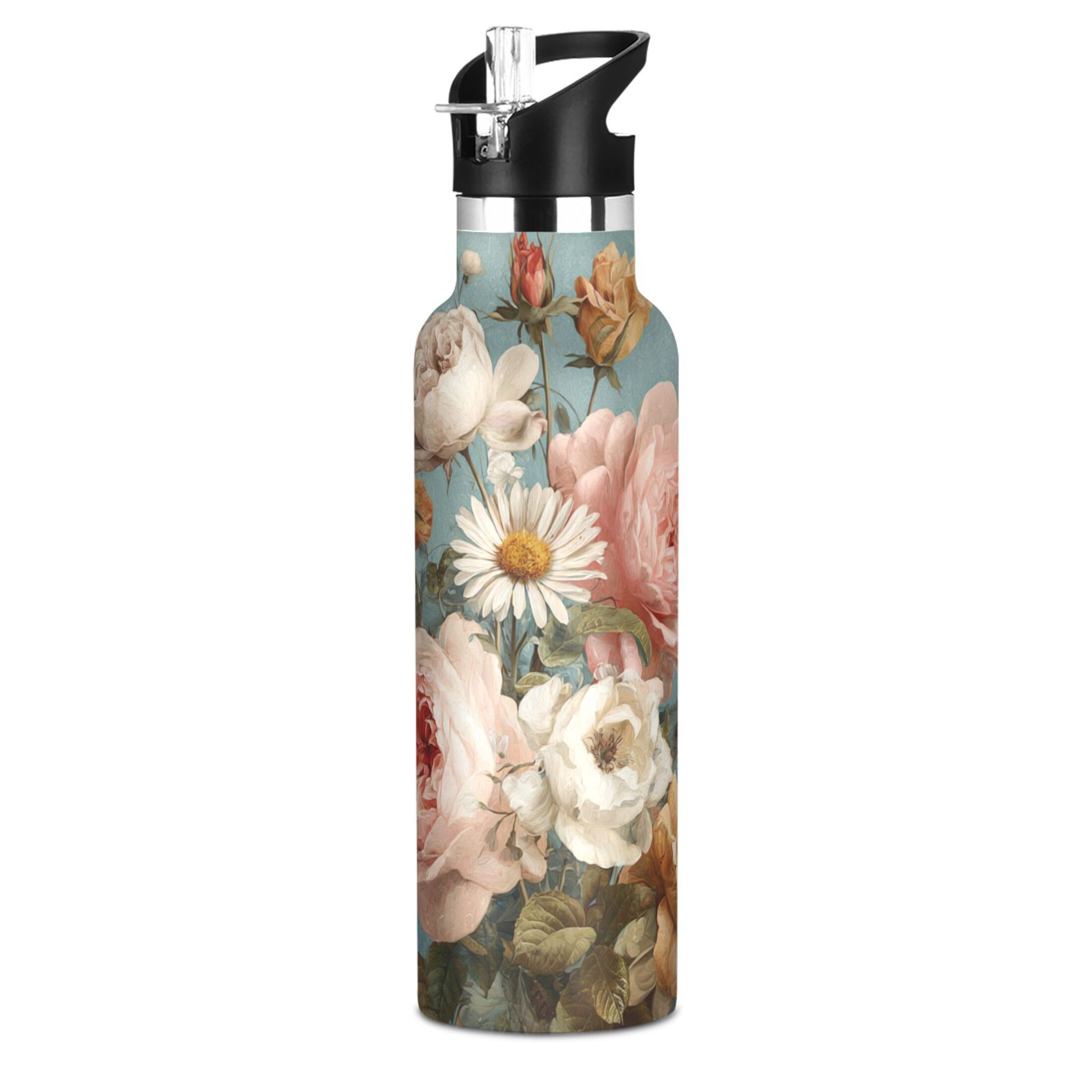 Kids Insulated Stainless Steel Sports Water Bottle 600ml (20oz) Vintage Roses and Peonies