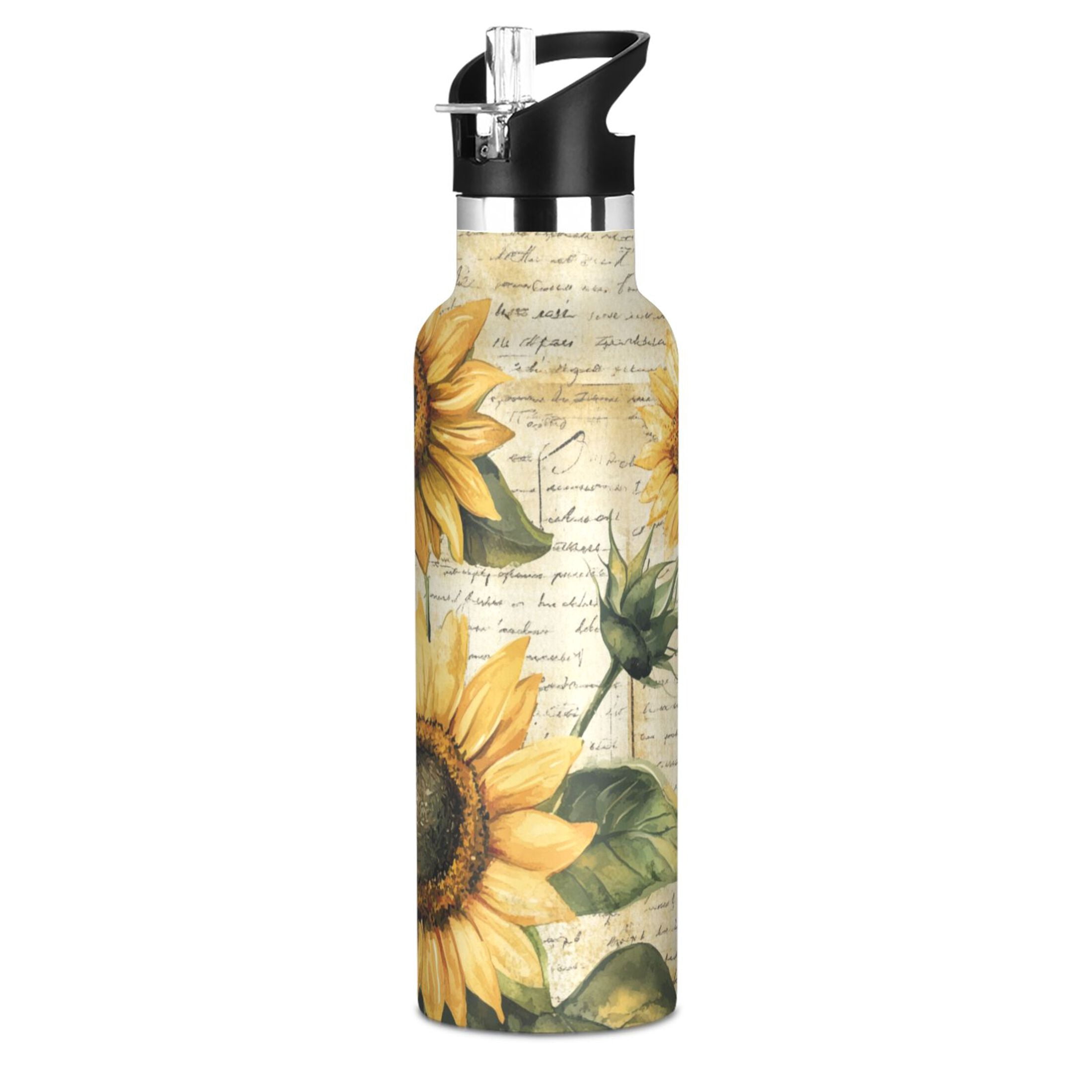 Kids Insulated Stainless Steel Sports Water Bottle 600ml (20oz) Vintage Sunflowers
