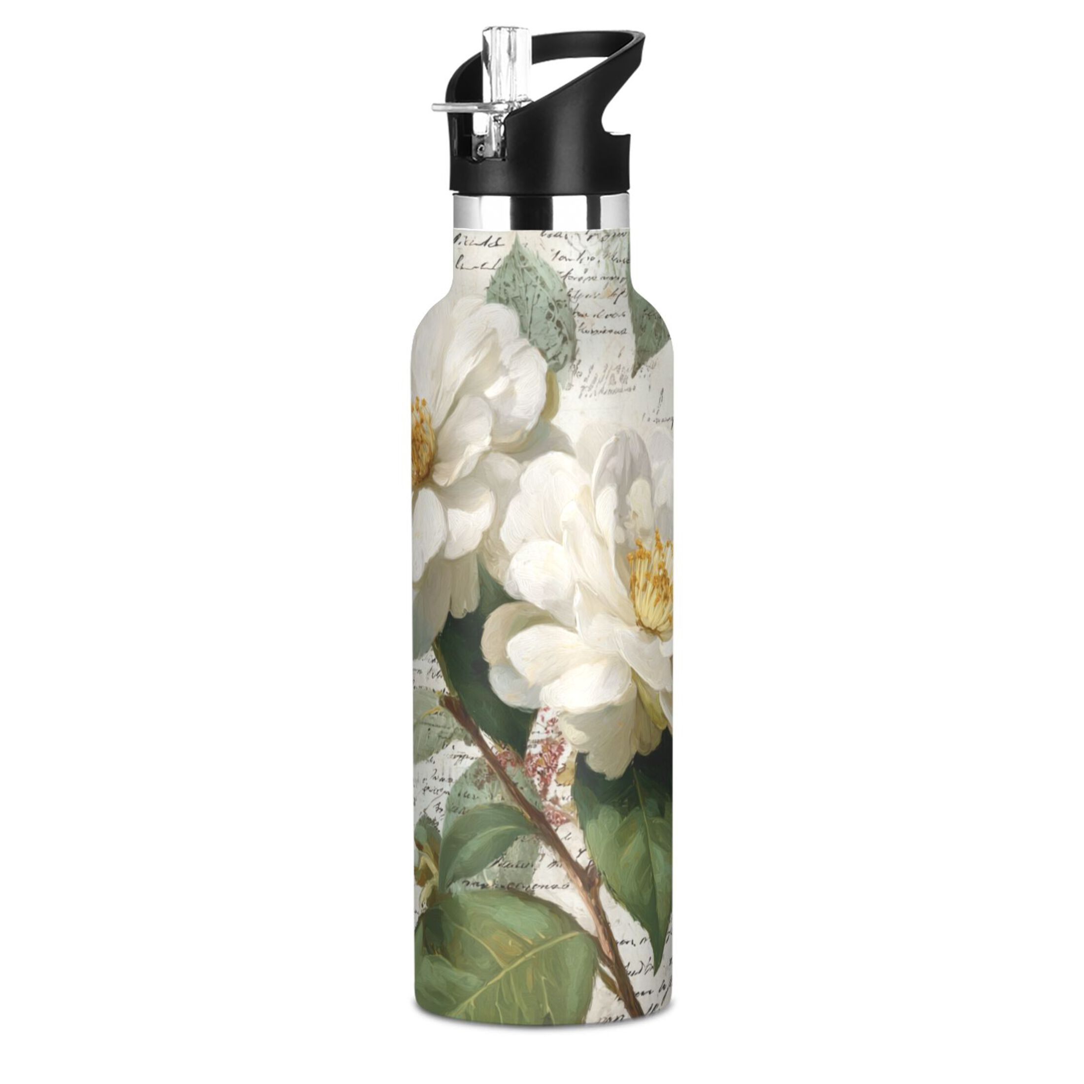 Kids Insulated Stainless Steel Sports Water Bottle 600ml (20oz) Vintage White Camellias