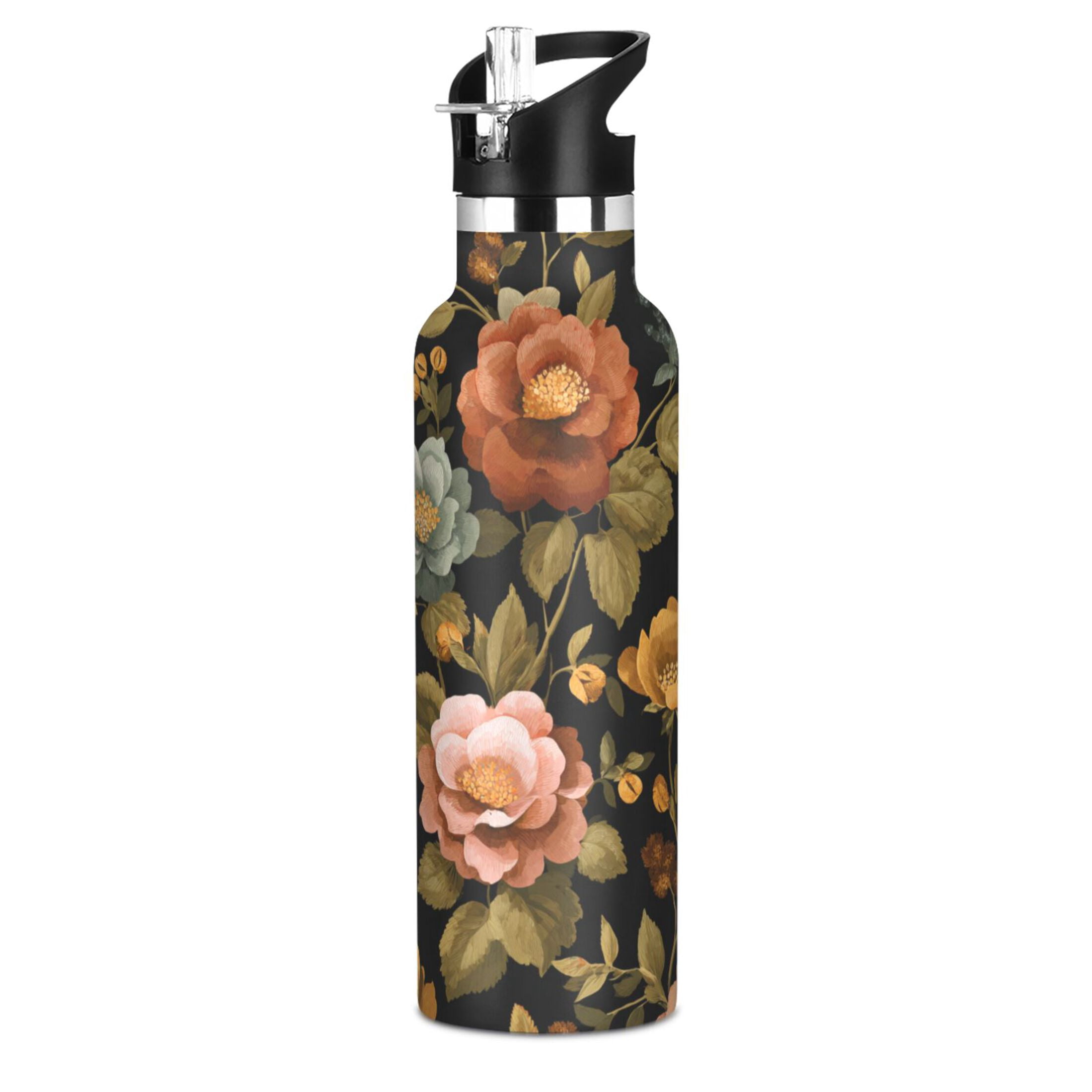 Kids Insulated Stainless Steel Sports Water Bottle 600ml (20oz) Vintage-inspired Floral Pattern