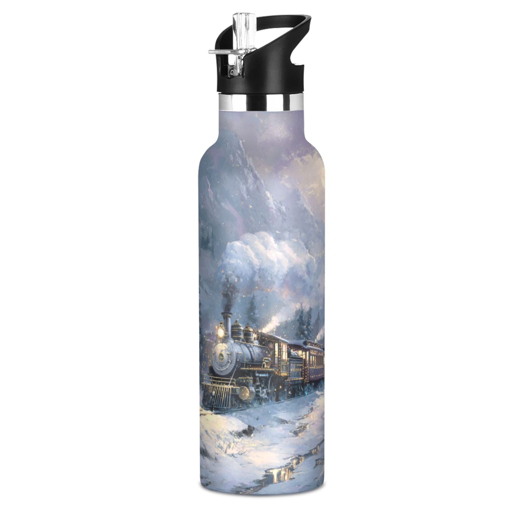 Kids Insulated Stainless Steel Sports Water Bottle 600ml (20oz) Vintage-style Christmas Train