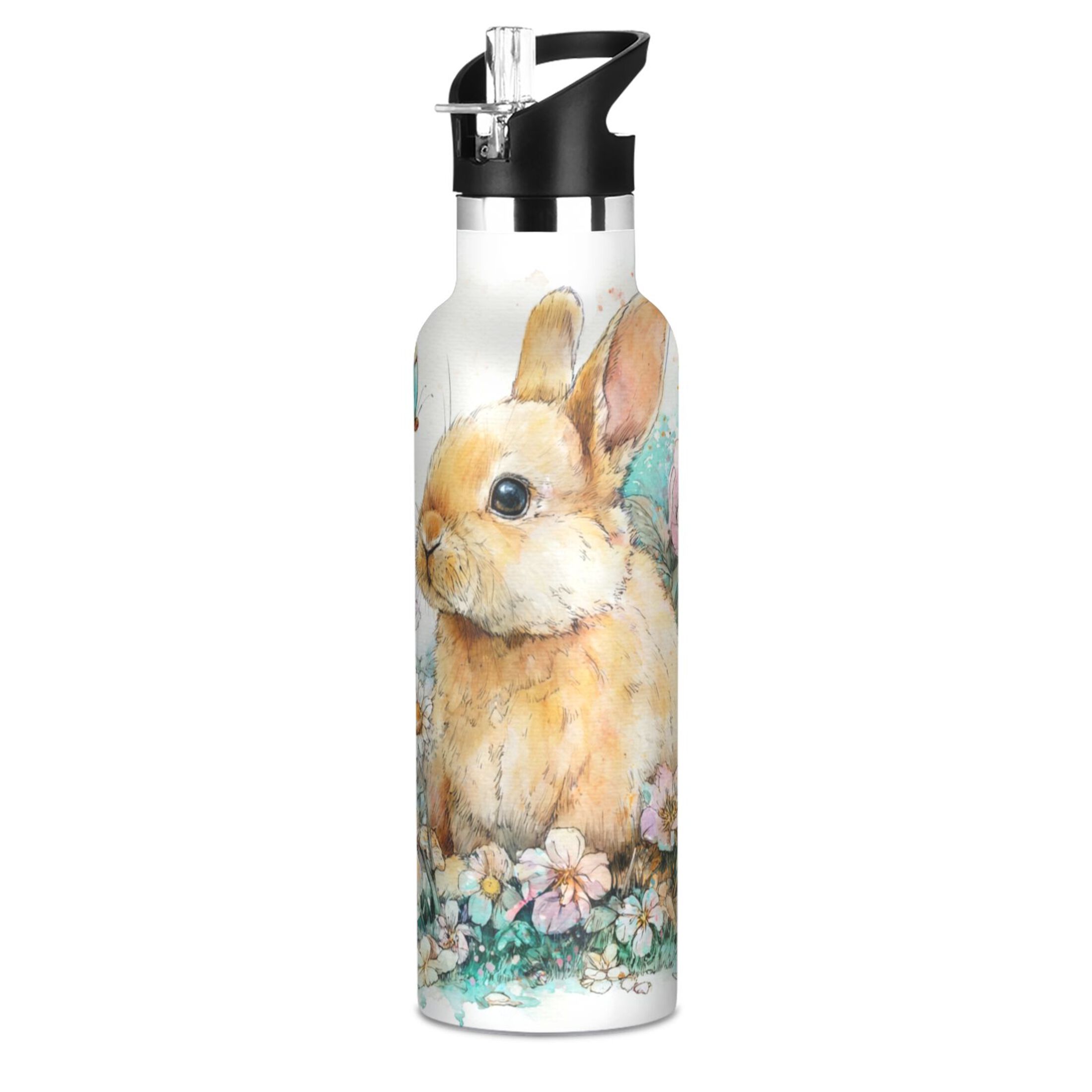 Kids Insulated Stainless Steel Sports Water Bottle 600ml (20oz) Watercolor Adorable Bunny