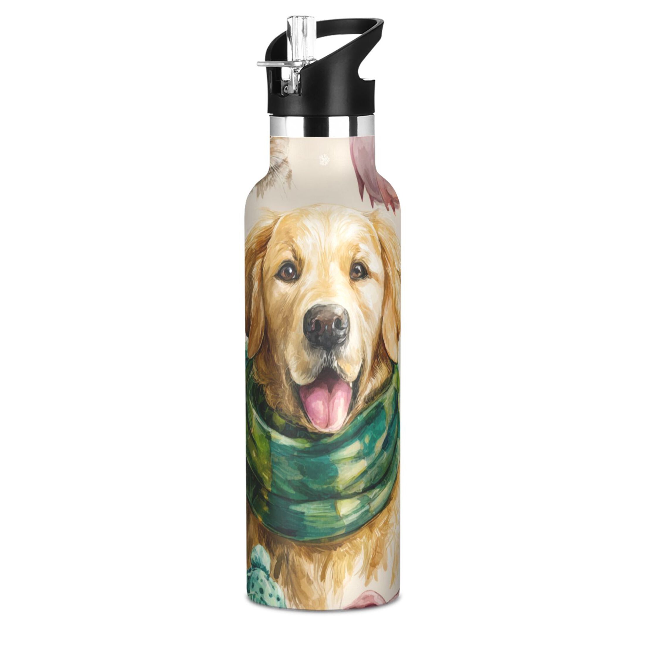 Kids Insulated Stainless Steel Sports Water Bottle 600ml (20oz) Watercolor Animals Pattern