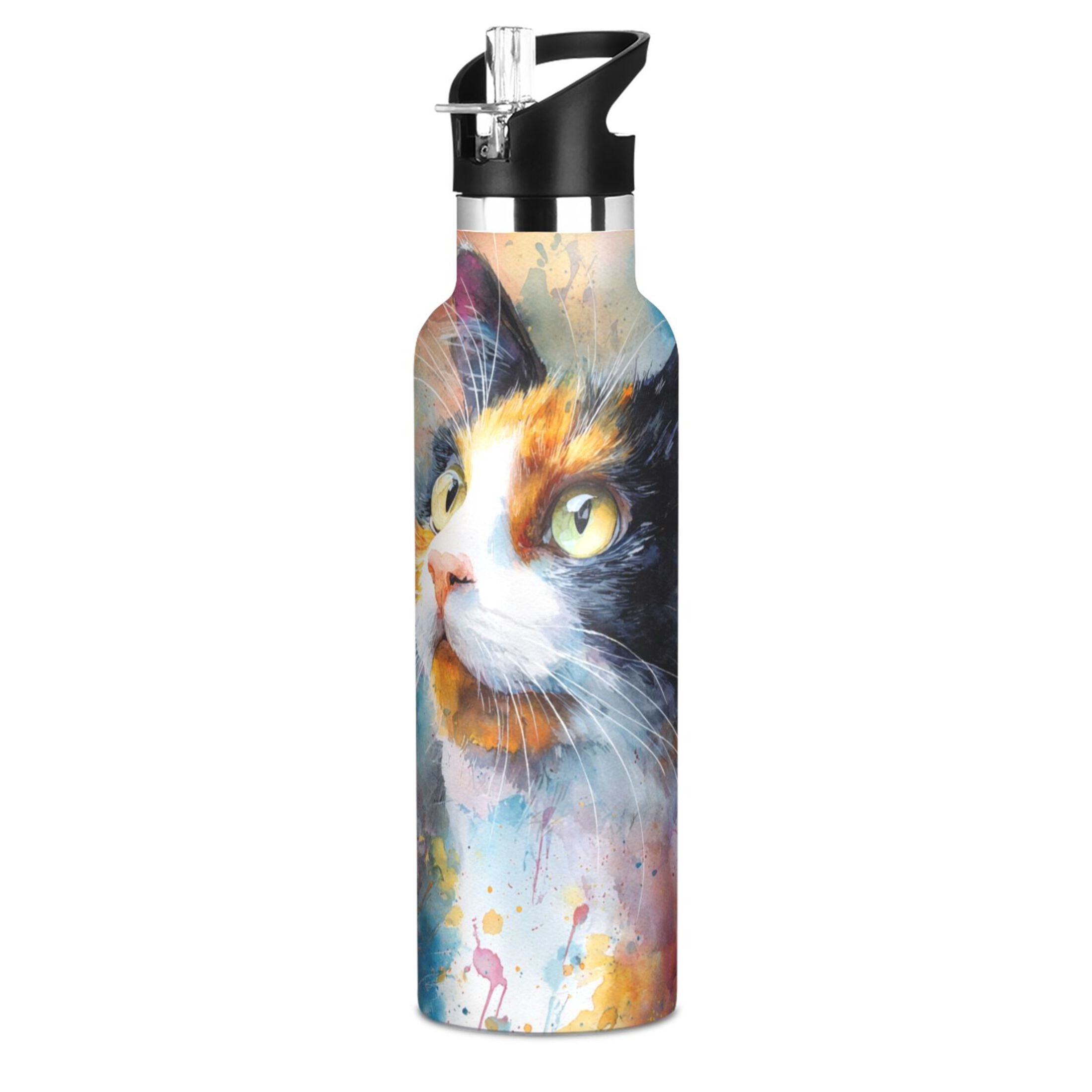 Kids Insulated Stainless Steel Sports Water Bottle 600ml (20oz) Watercolor Calico Cat
