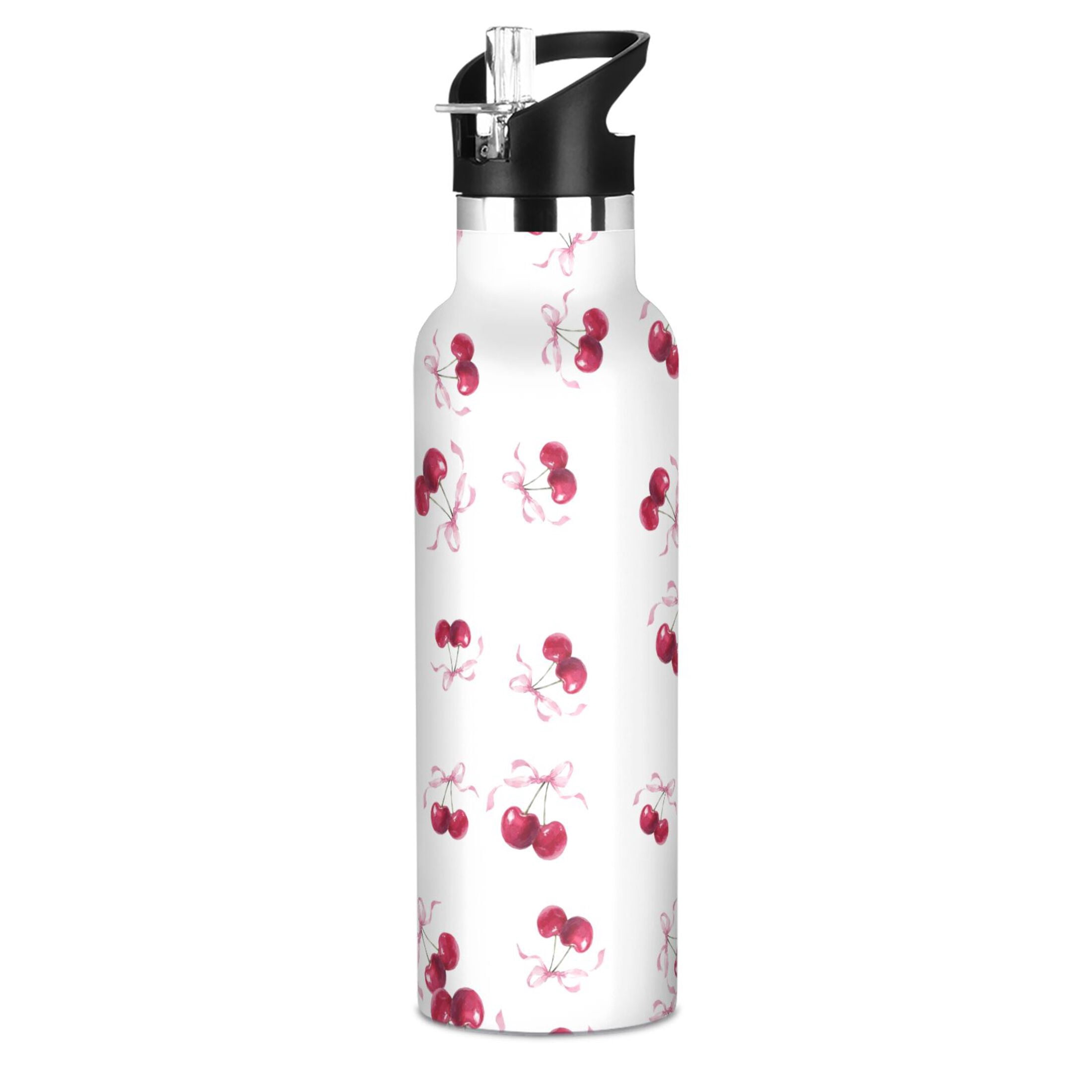 Kids Insulated Stainless Steel Sports Water Bottle 600ml (20oz) Watercolor Cherries Pattern