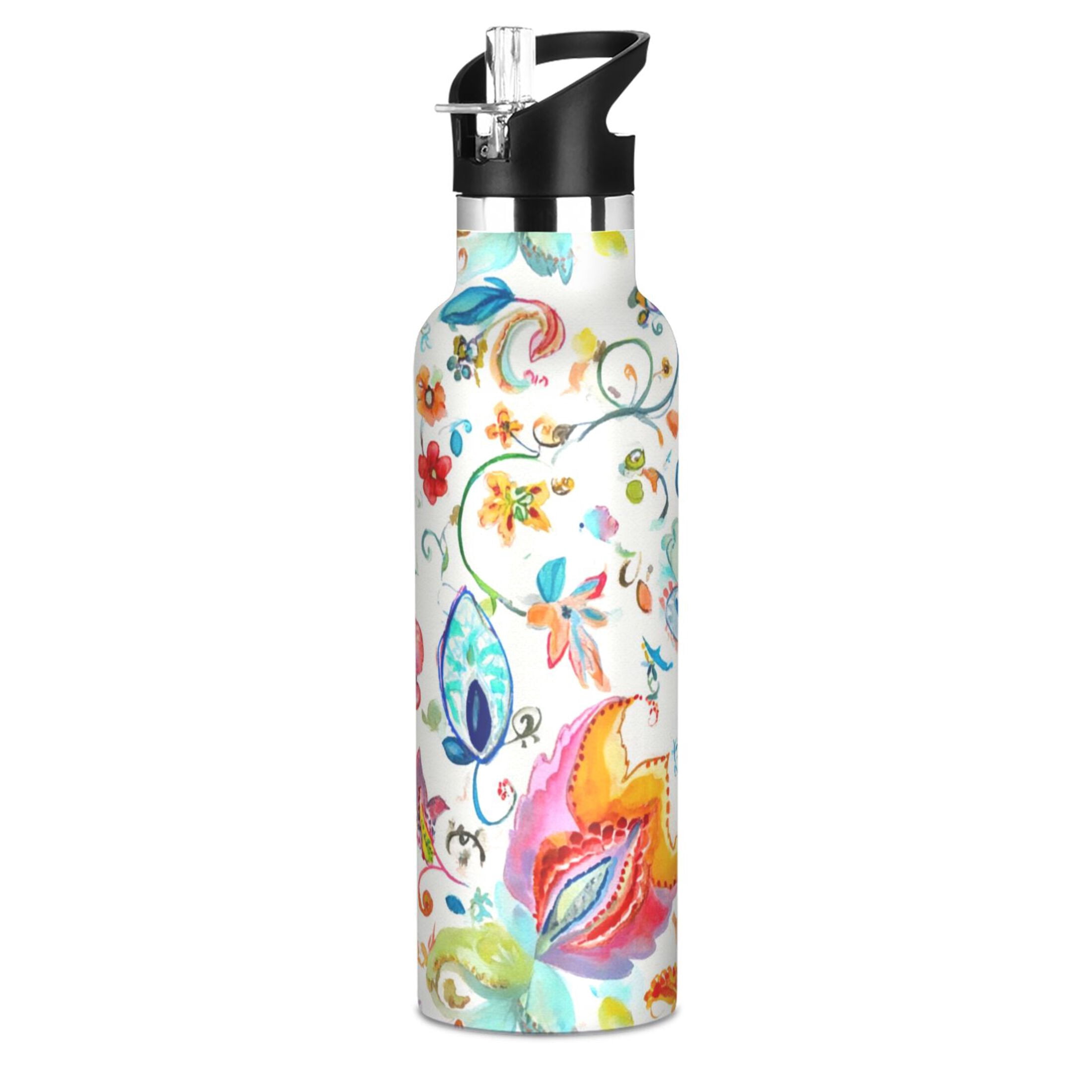 Kids Insulated Stainless Steel Sports Water Bottle 600ml (20oz) Watercolor Colorful Floral