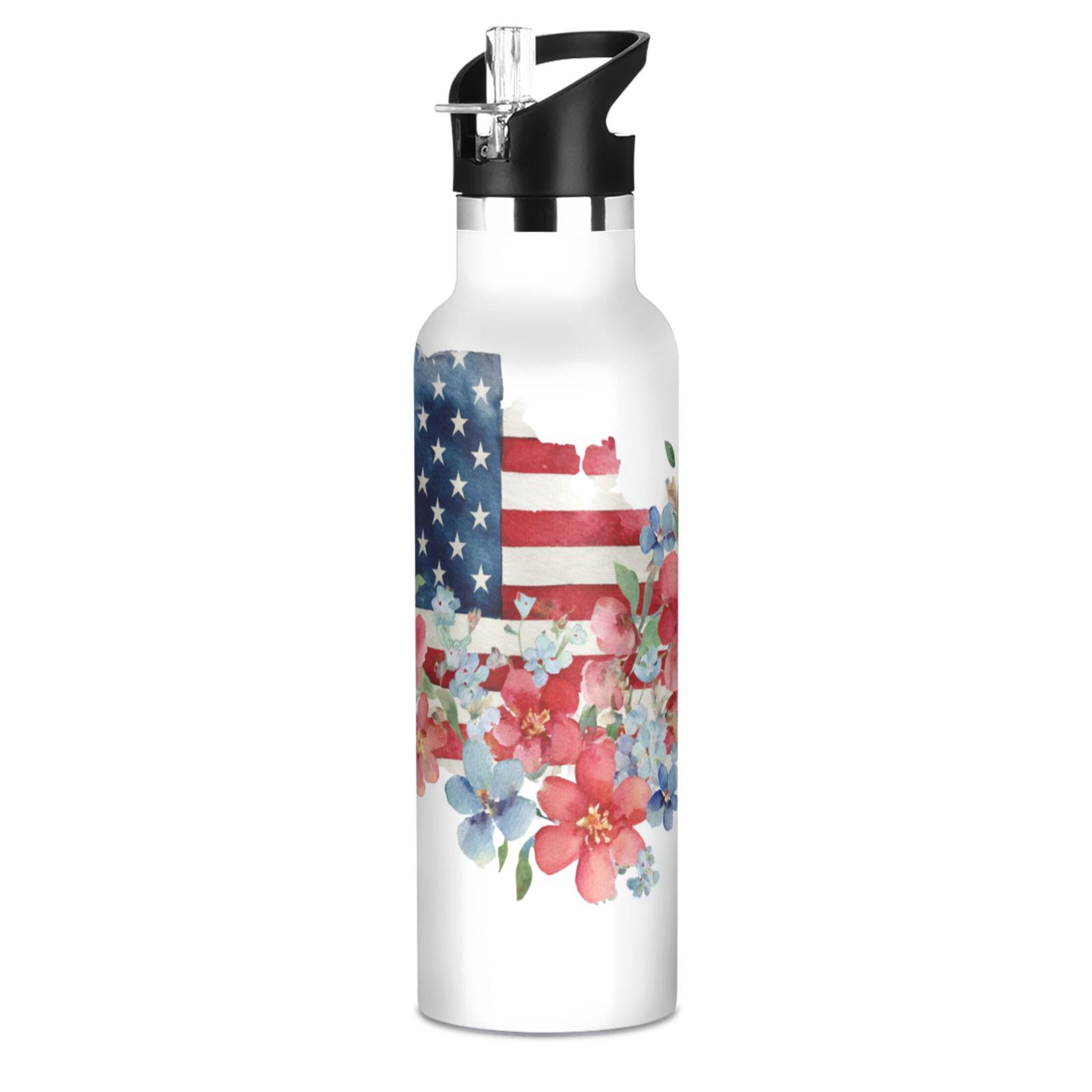 Kids Insulated Stainless Steel Sports Water Bottle 600ml (20oz) Watercolor Flag with Flowers