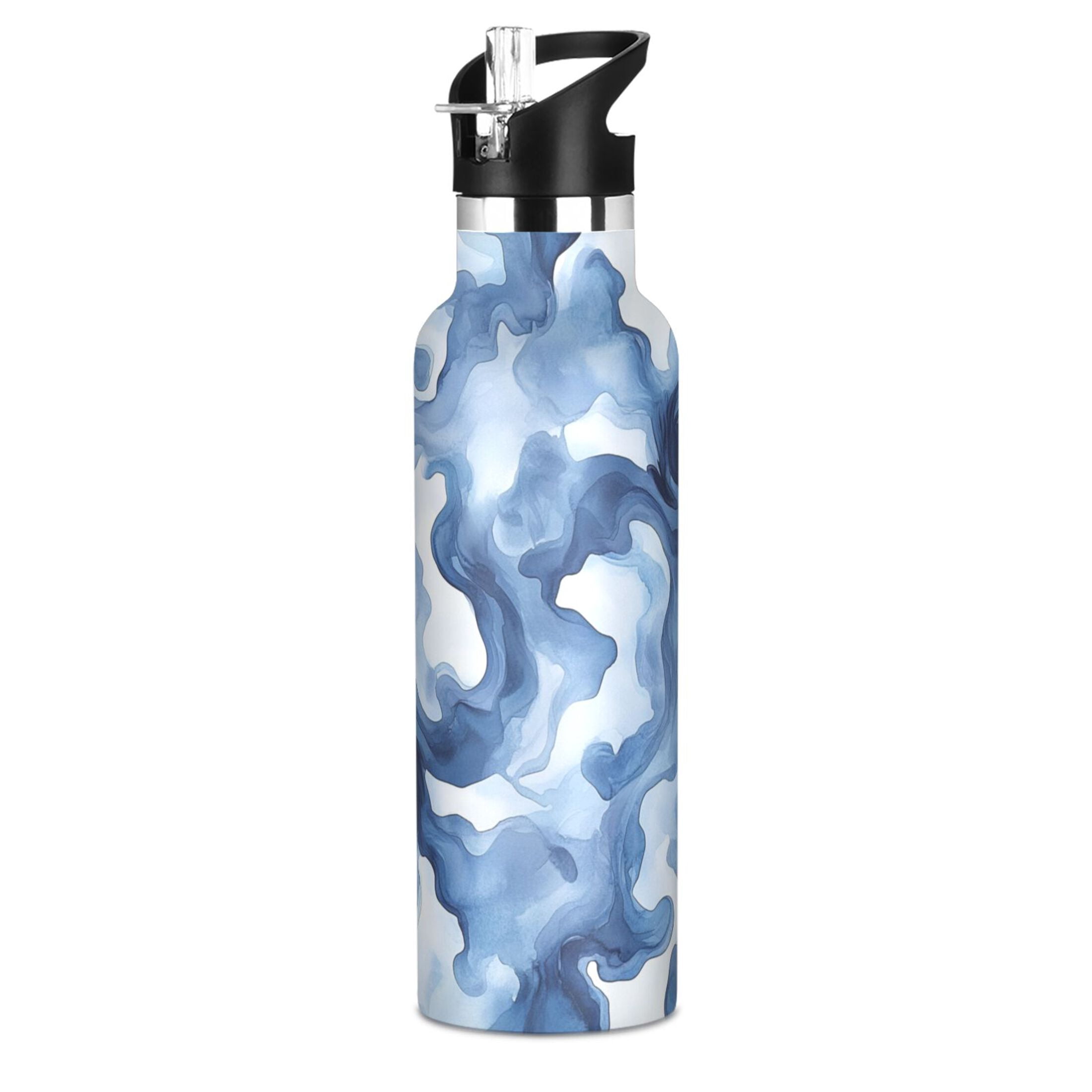Kids Insulated Stainless Steel Sports Water Bottle 600ml (20oz) Watercolor Indigo Waves