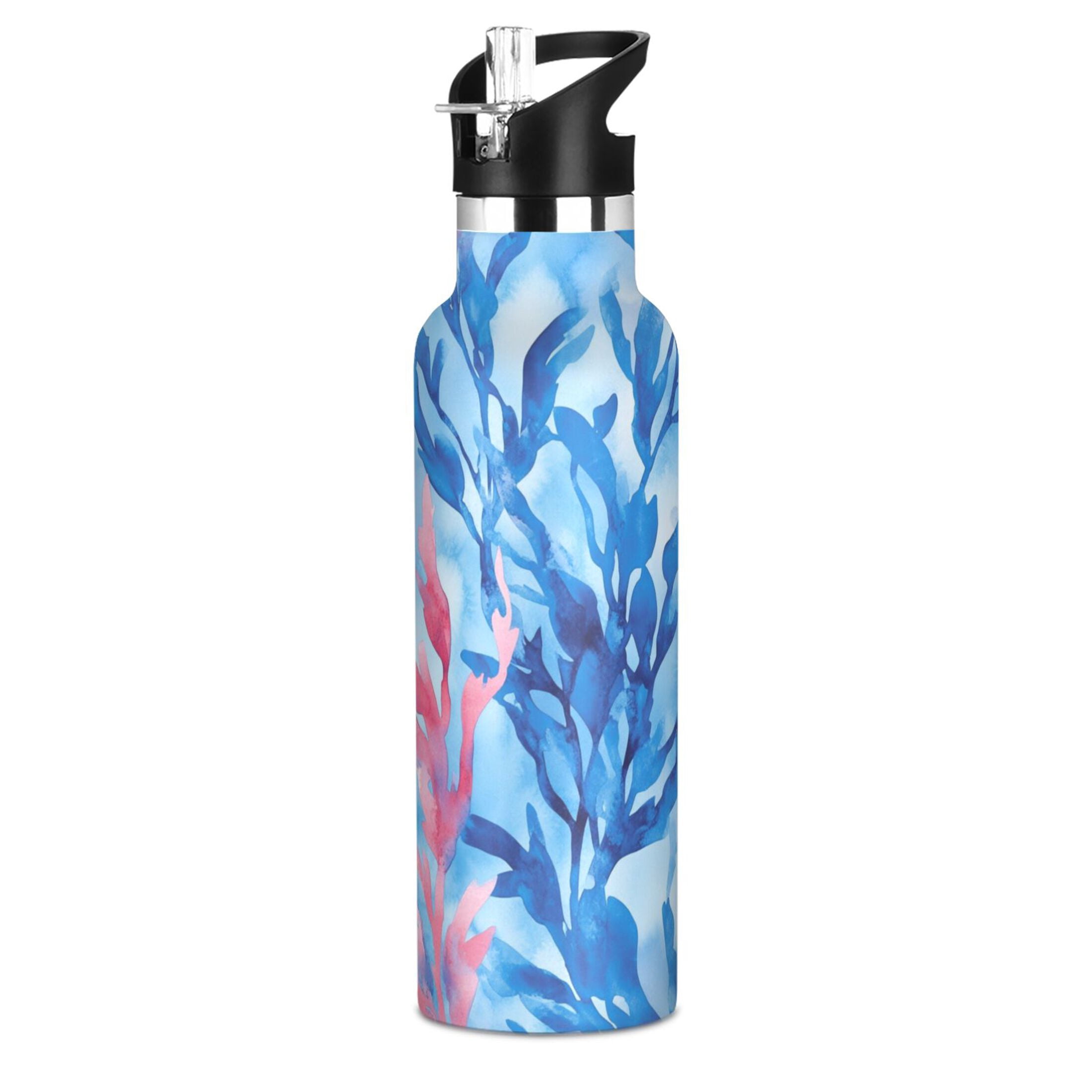 Kids Insulated Stainless Steel Sports Water Bottle 600ml (20oz) Watercolor Kelp Pattern