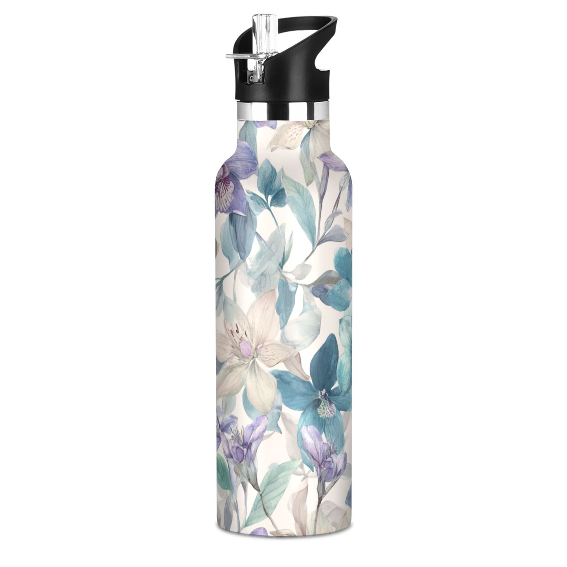 Kids Insulated Stainless Steel Sports Water Bottle 600ml (20oz) Watercolor Orchids and Lilies