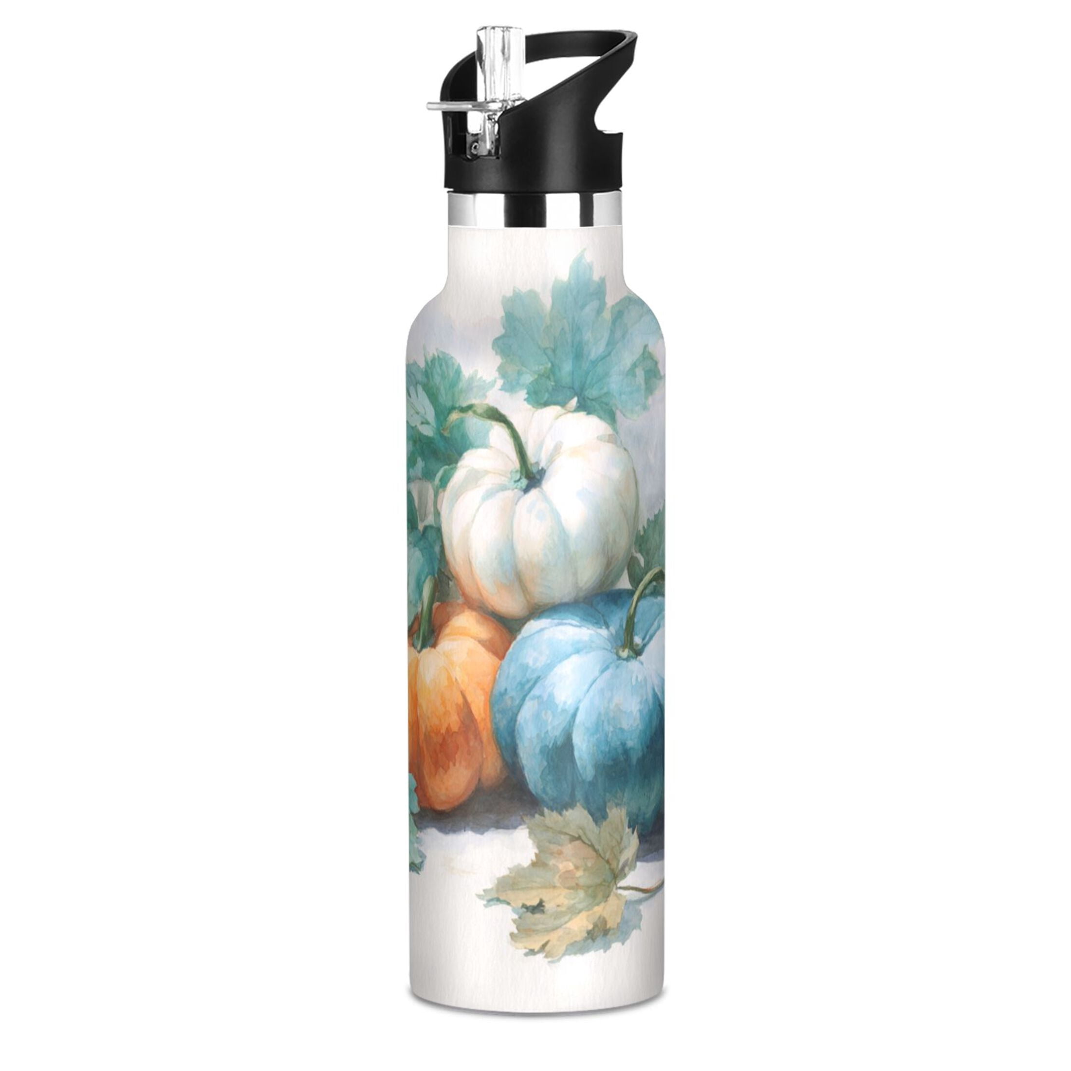 Kids Insulated Stainless Steel Sports Water Bottle 600ml (20oz) Watercolor Pumpkins and Leaves