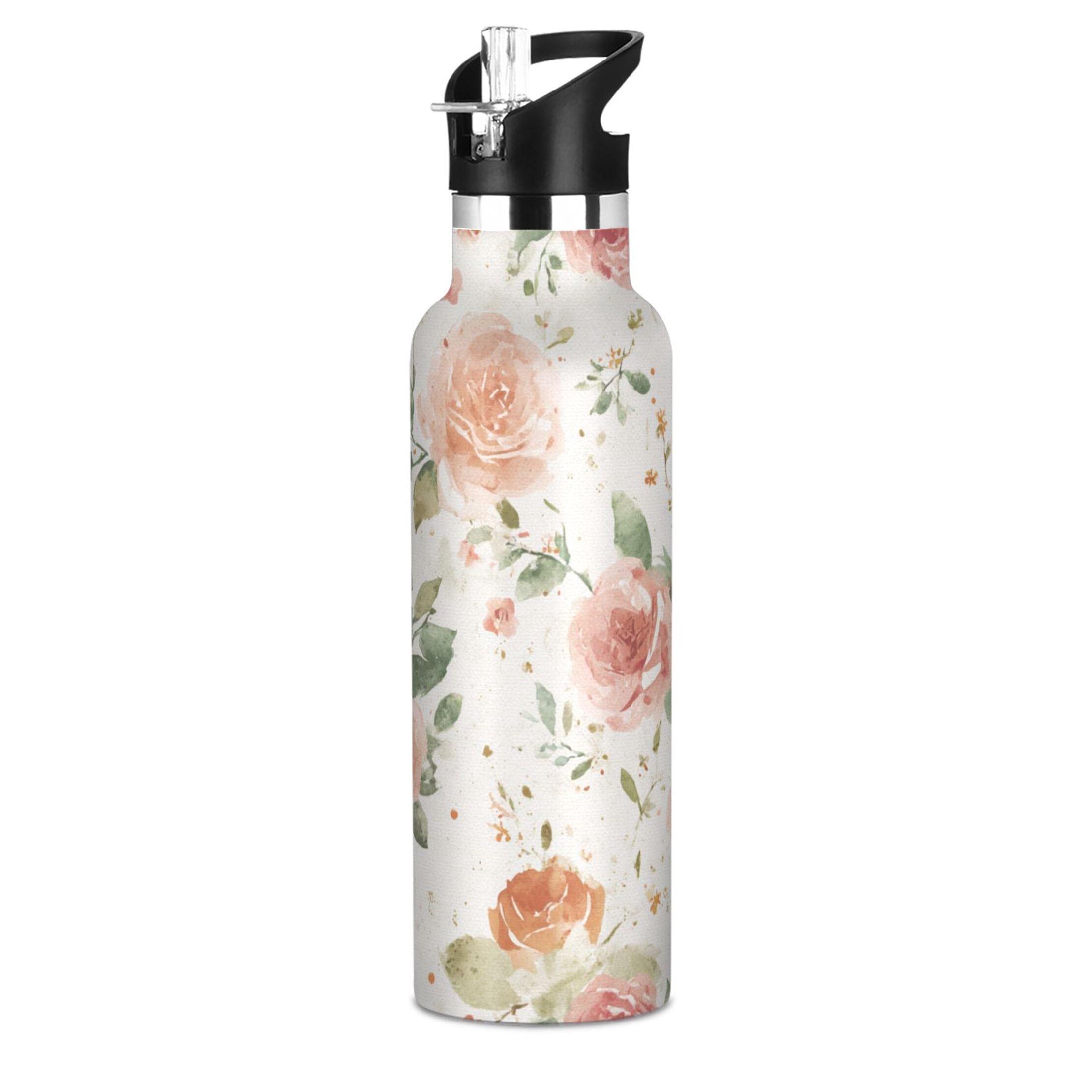Kids Insulated Stainless Steel Sports Water Bottle 600ml (20oz) Watercolor Rose Floral Pattern