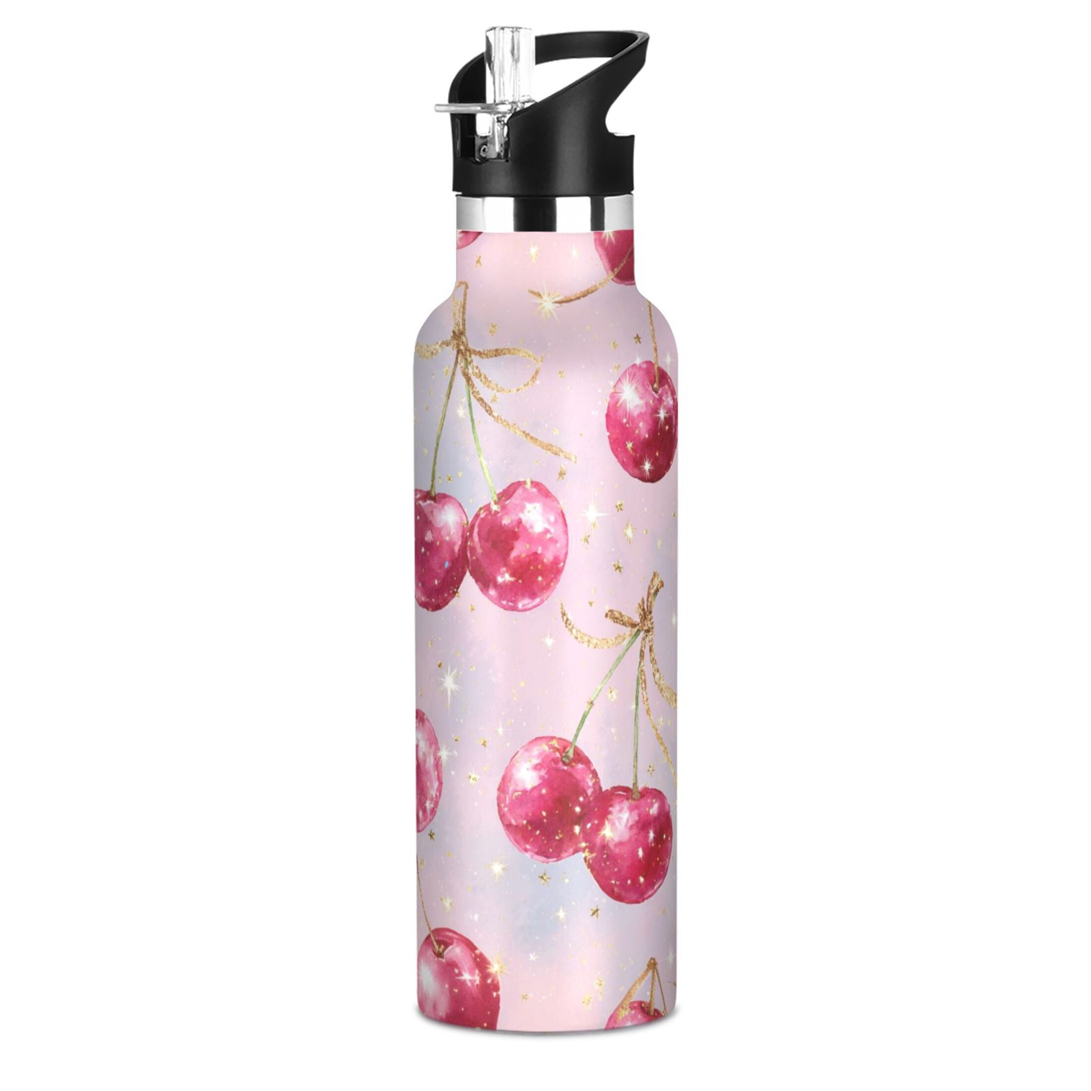 Kids Insulated Stainless Steel Sports Water Bottle 600ml (20oz) Watercolor Sparkling Cherries