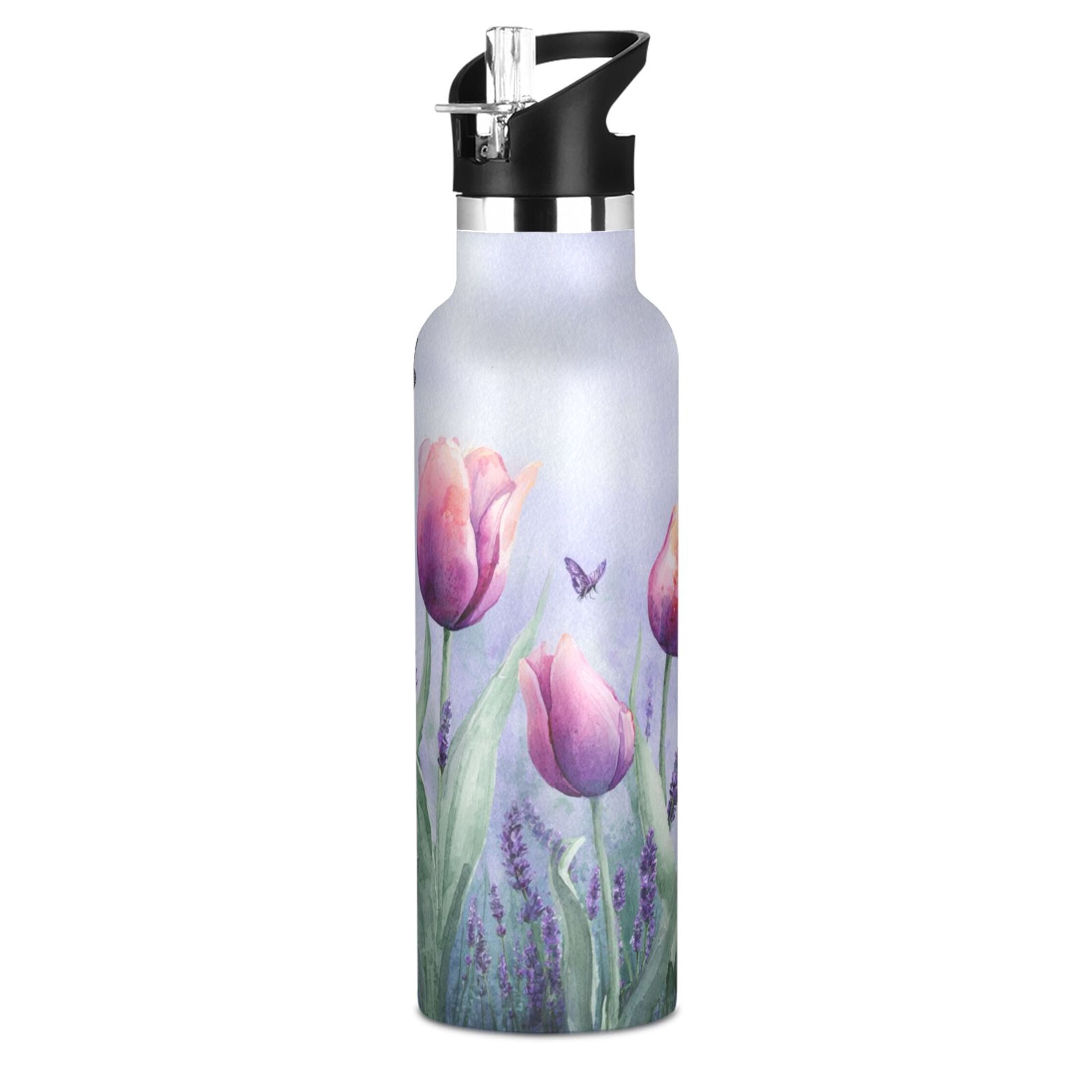 Kids Insulated Stainless Steel Sports Water Bottle 600ml (20oz) Watercolor Tulips and Lavender