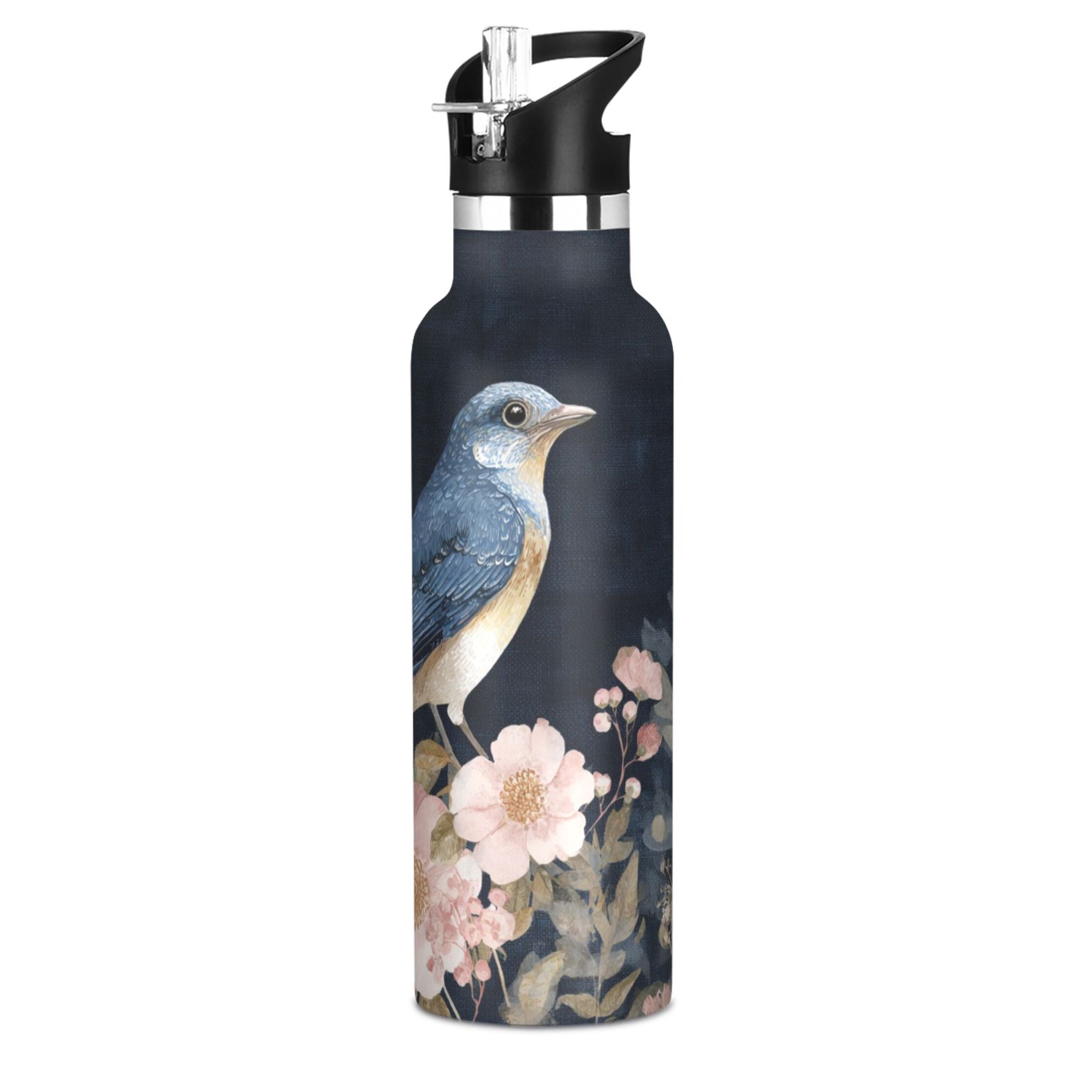 Kids Insulated Stainless Steel Sports Water Bottle 600ml (20oz) Watercolor Vintage Blue Bird