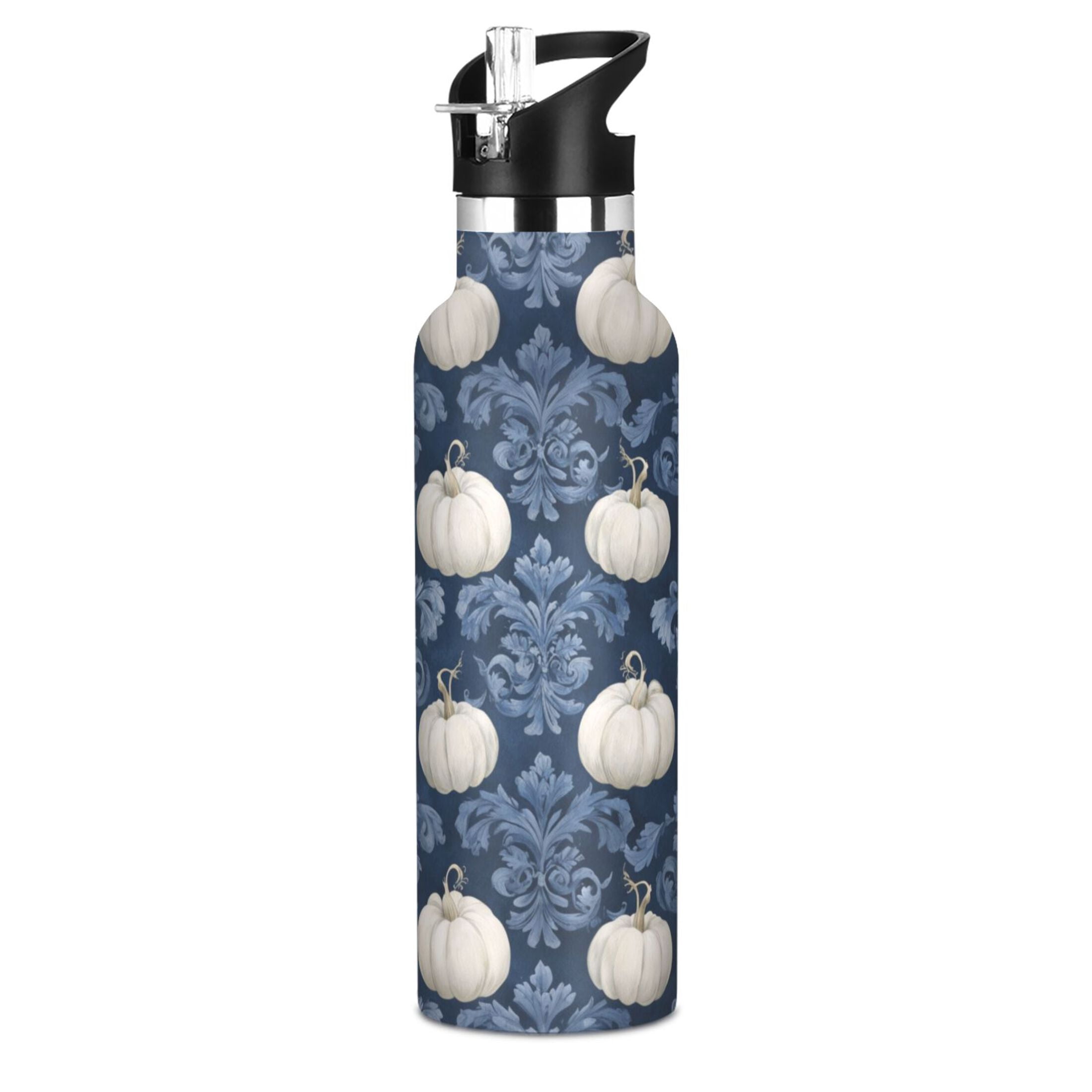 Kids Insulated Stainless Steel Sports Water Bottle 600ml (20oz) Watercolor White Pumpkins