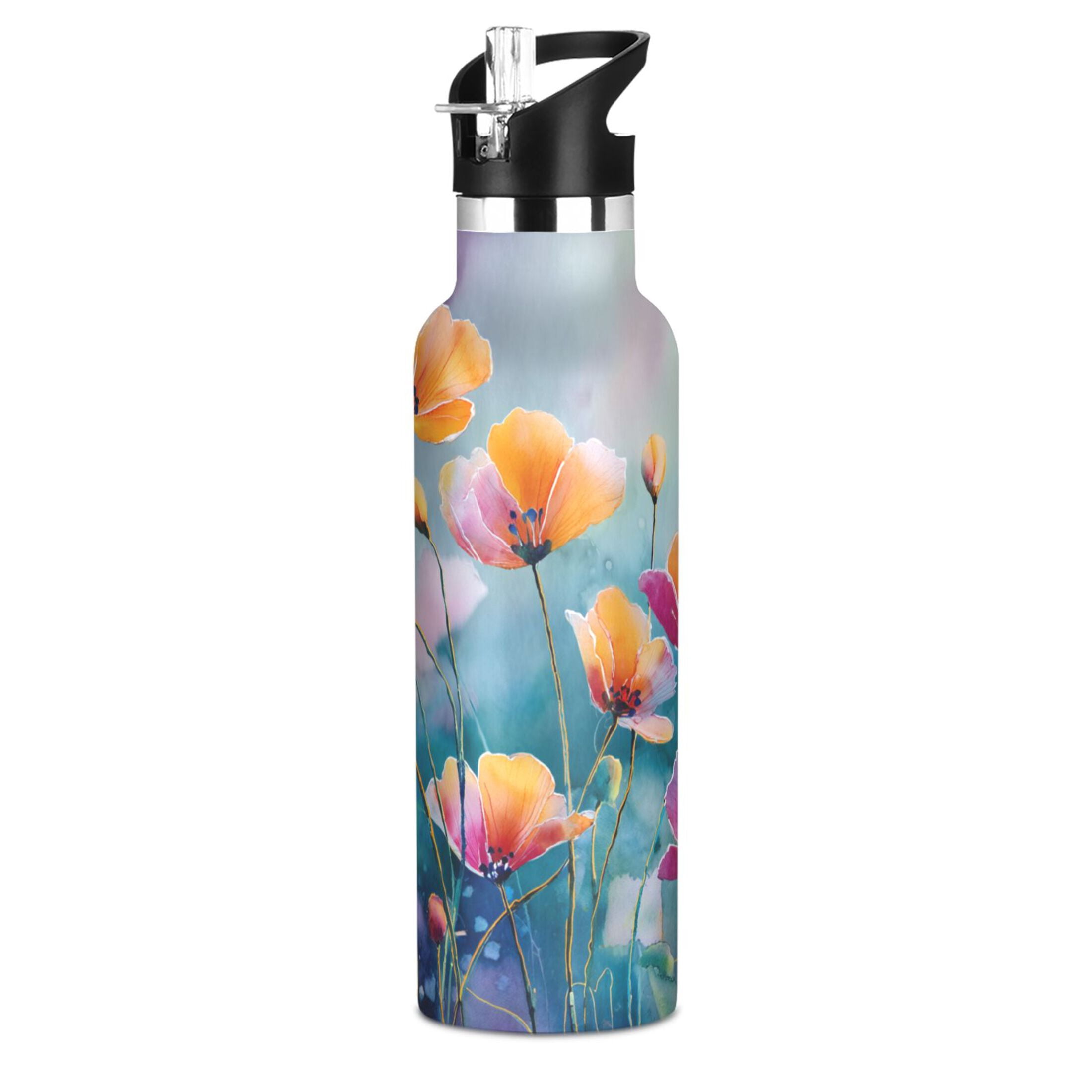 Kids Insulated Stainless Steel Sports Water Bottle 600ml (20oz) Watercolor Wildflowers Painting