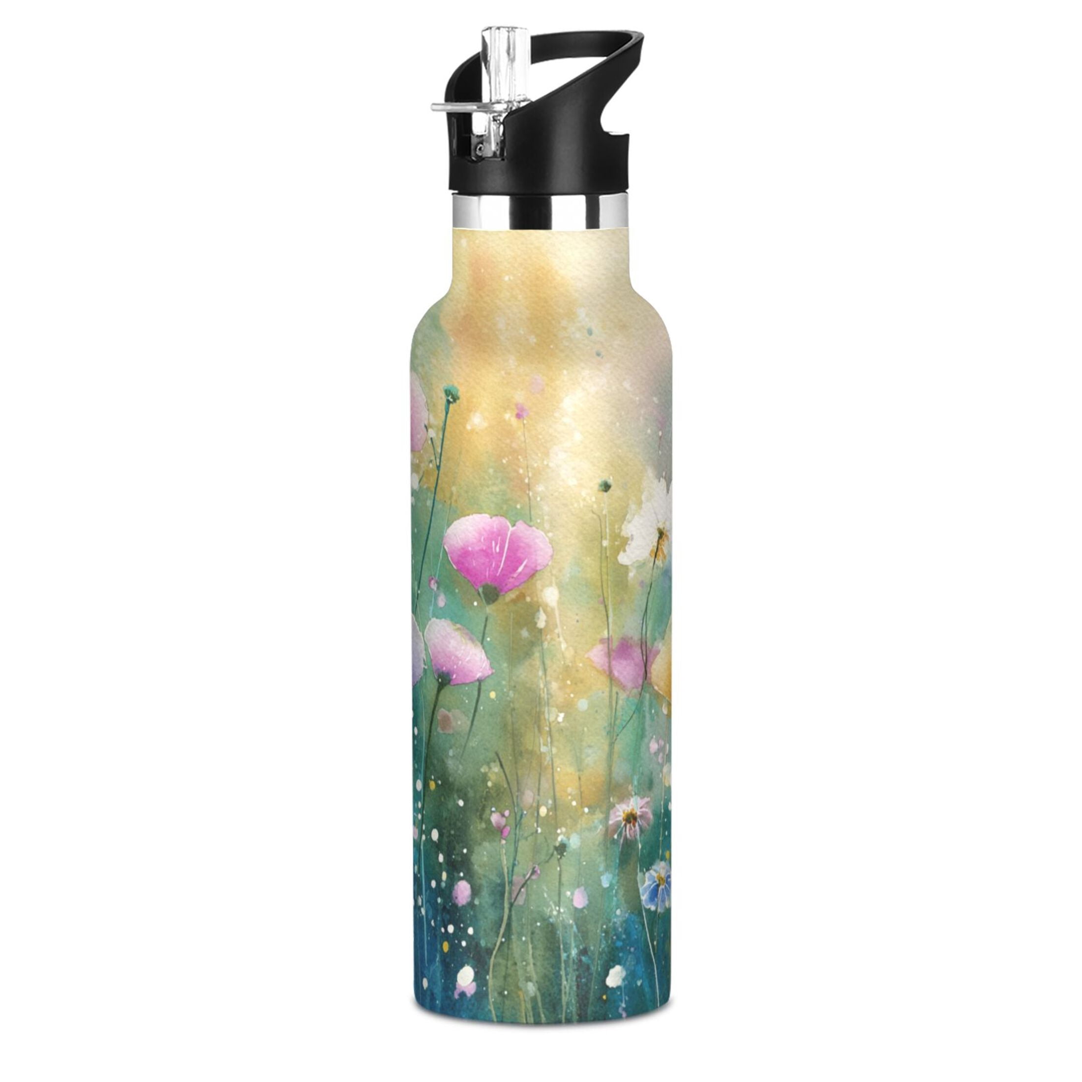 Kids Insulated Stainless Steel Sports Water Bottle 600ml (20oz) Watercolor Wildflowers