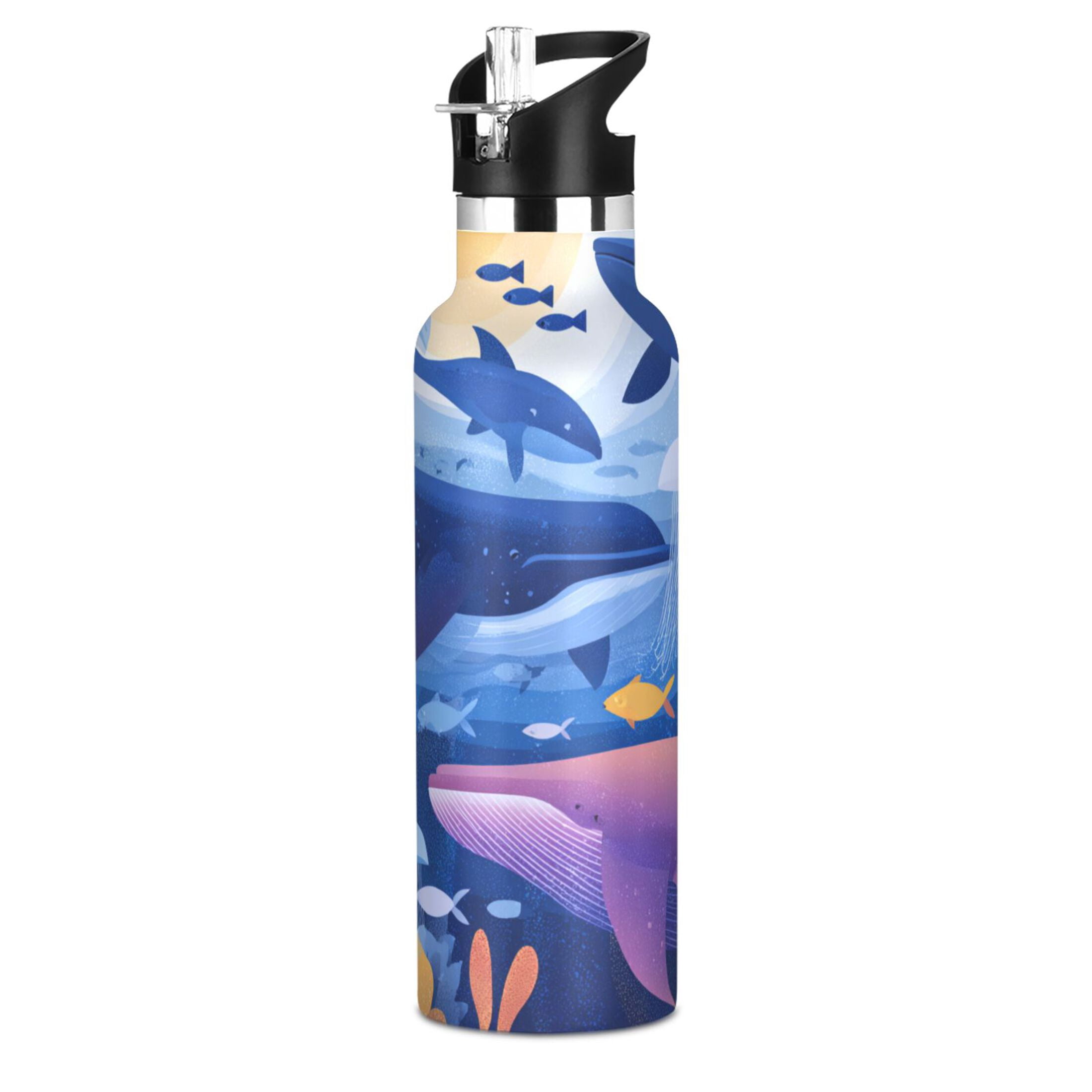 Kids Insulated Stainless Steel Sports Water Bottle 600ml (20oz) Whales and Dolphins Pattern