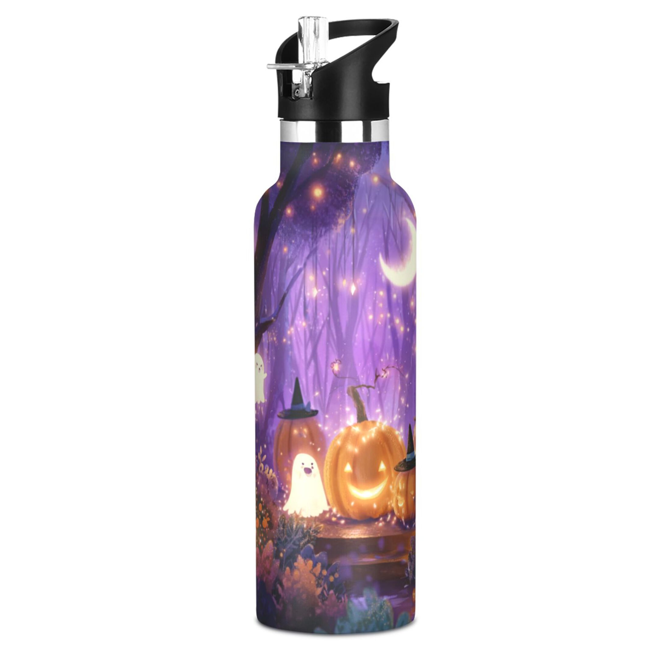 Kids Insulated Stainless Steel Sports Water Bottle 600ml (20oz) Whimsical Cartoon Halloween Scene