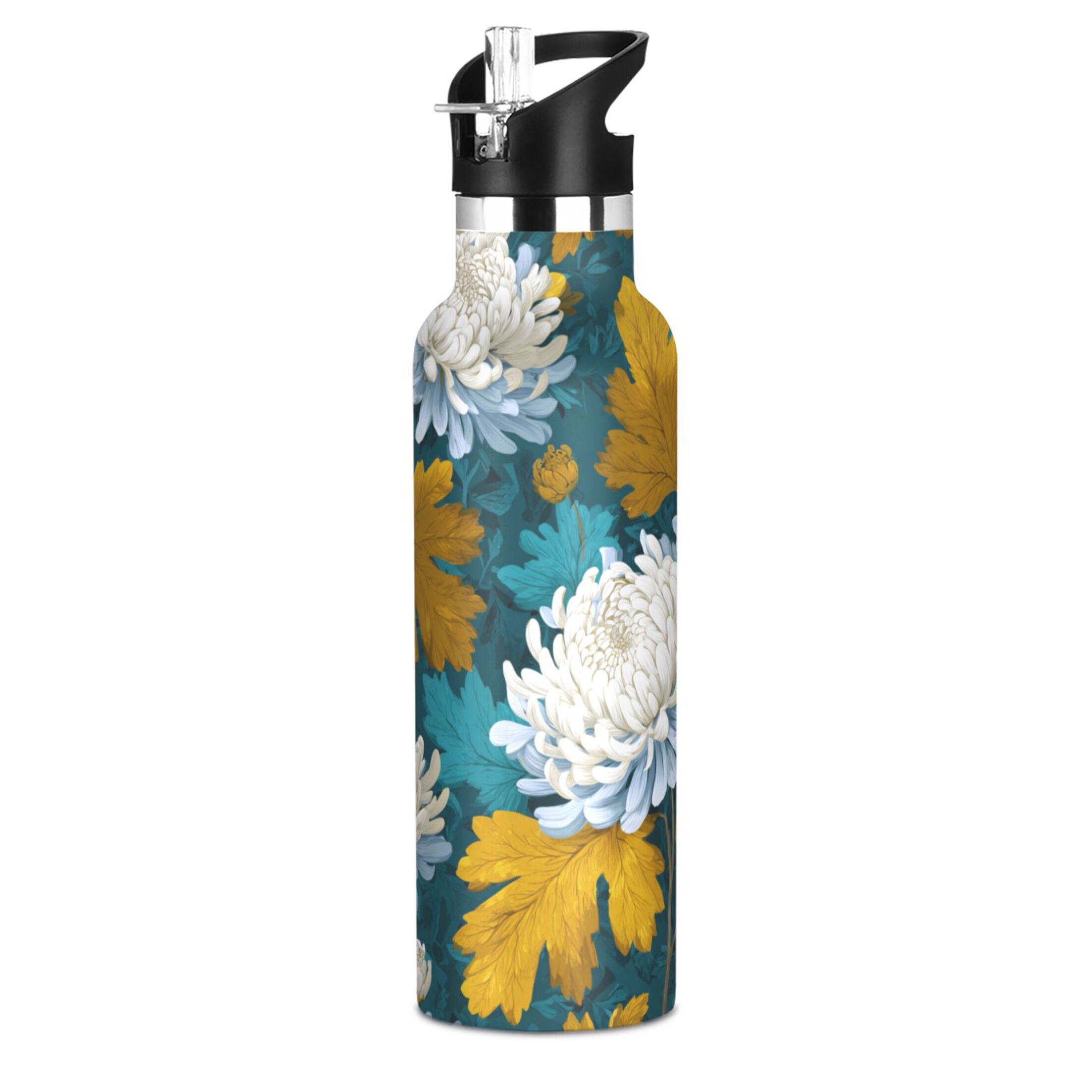 Kids Insulated Stainless Steel Sports Water Bottle 600ml (20oz) White Chrysanthemums