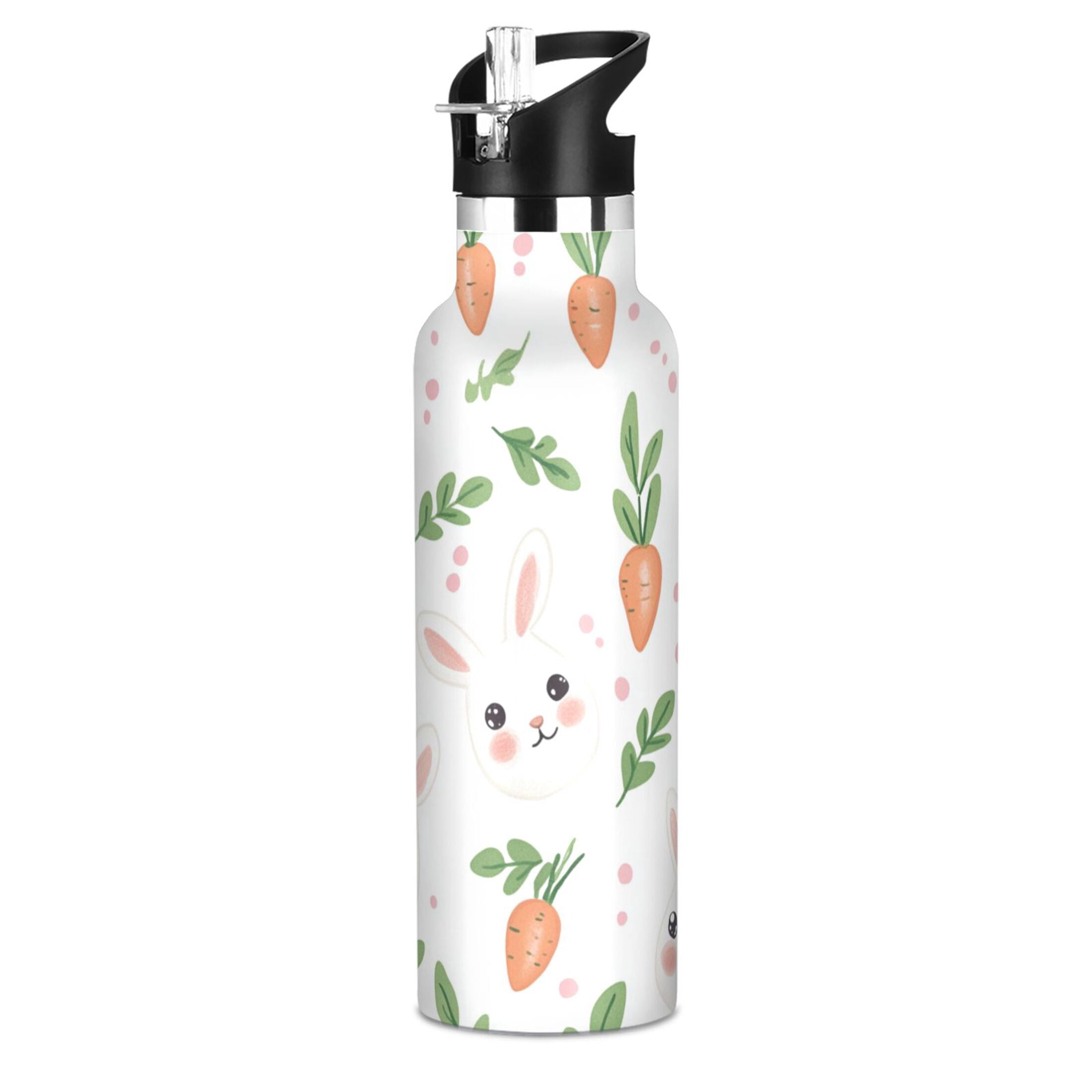 Kids Insulated Stainless Steel Sports Water Bottle 600ml (20oz) White Rabbits and Carrots