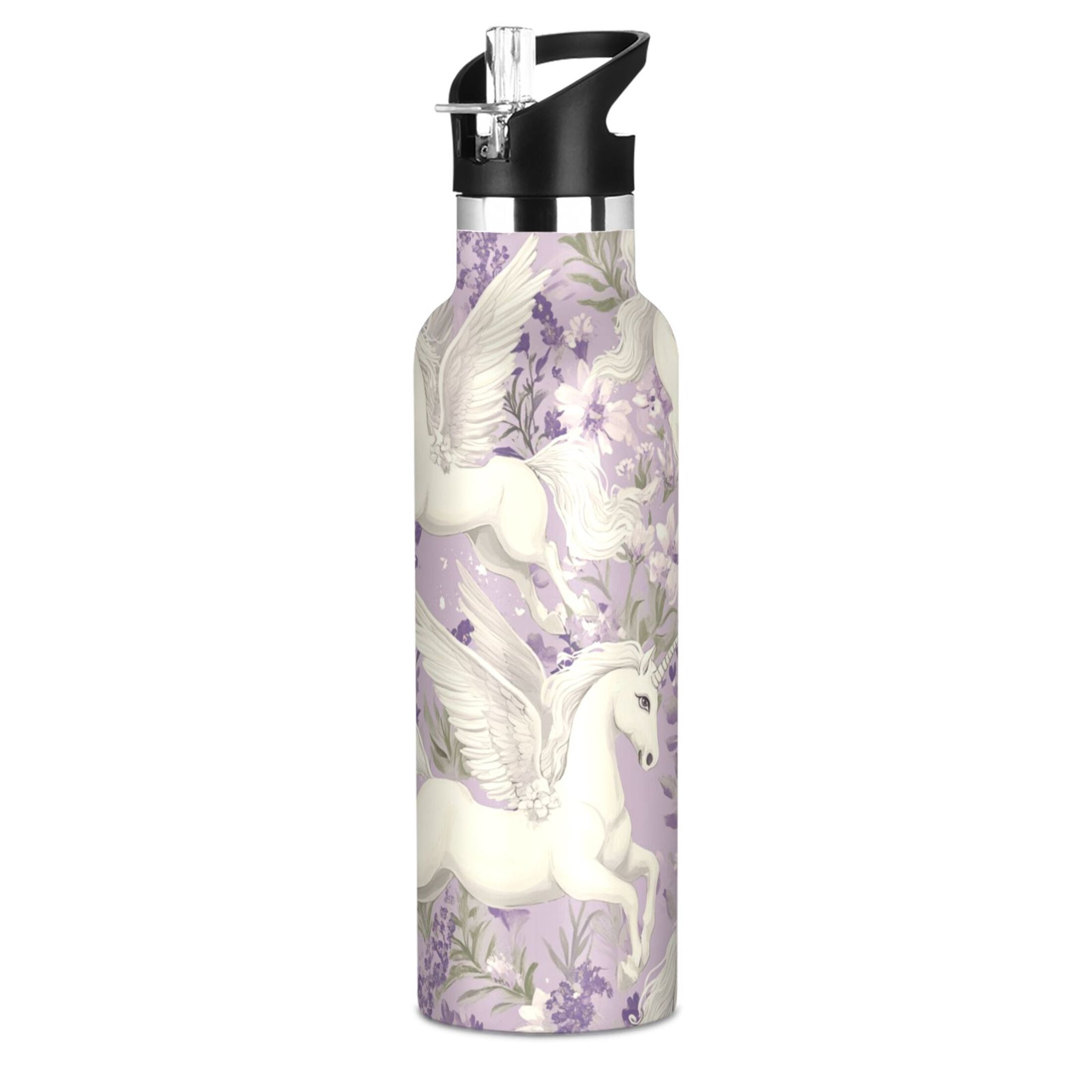 Kids Insulated Stainless Steel Sports Water Bottle 600ml (20oz) White Unicorns and Pegasi