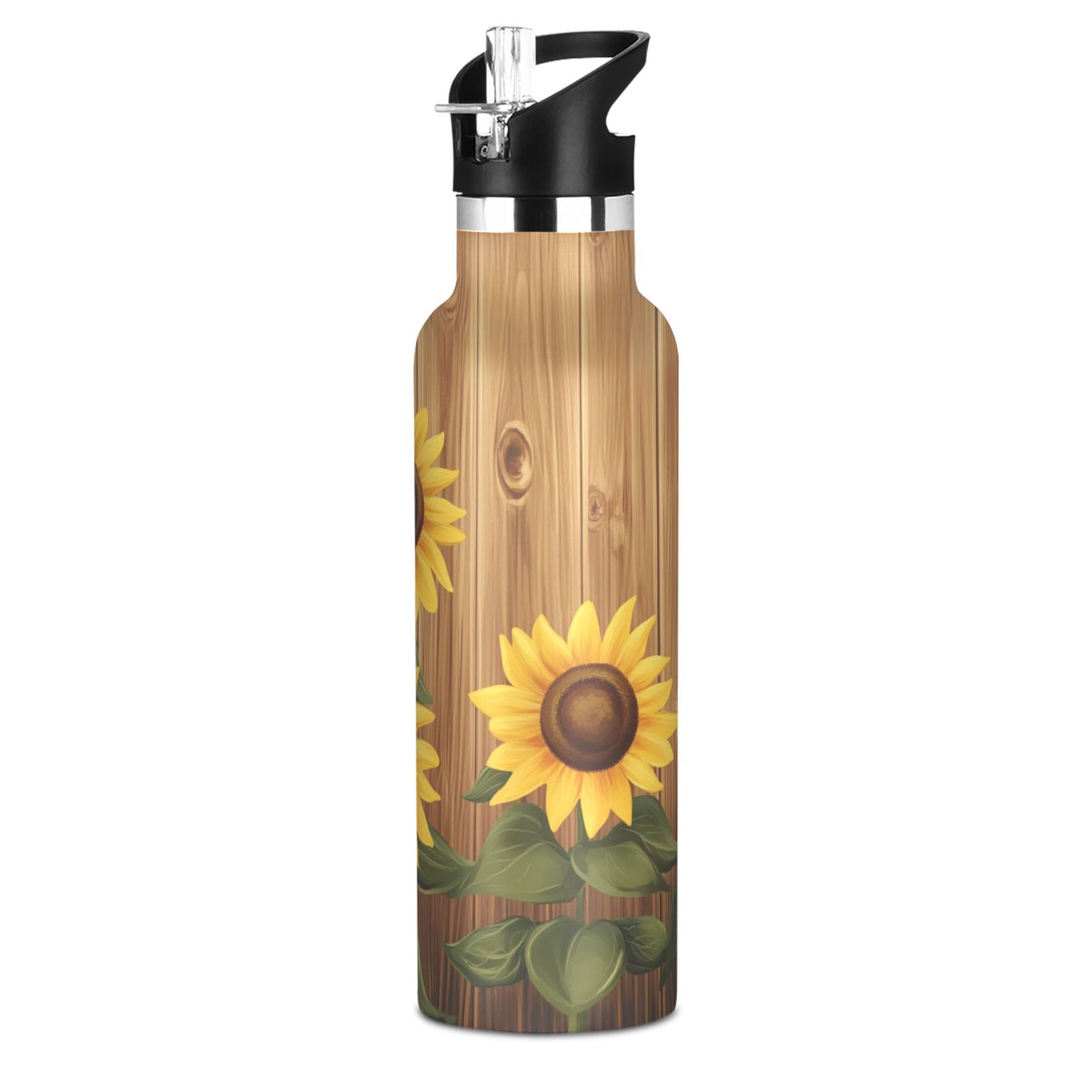 Kids Insulated Stainless Steel Sports Water Bottle 600ml (20oz) Wooden Background with Sunflowers
