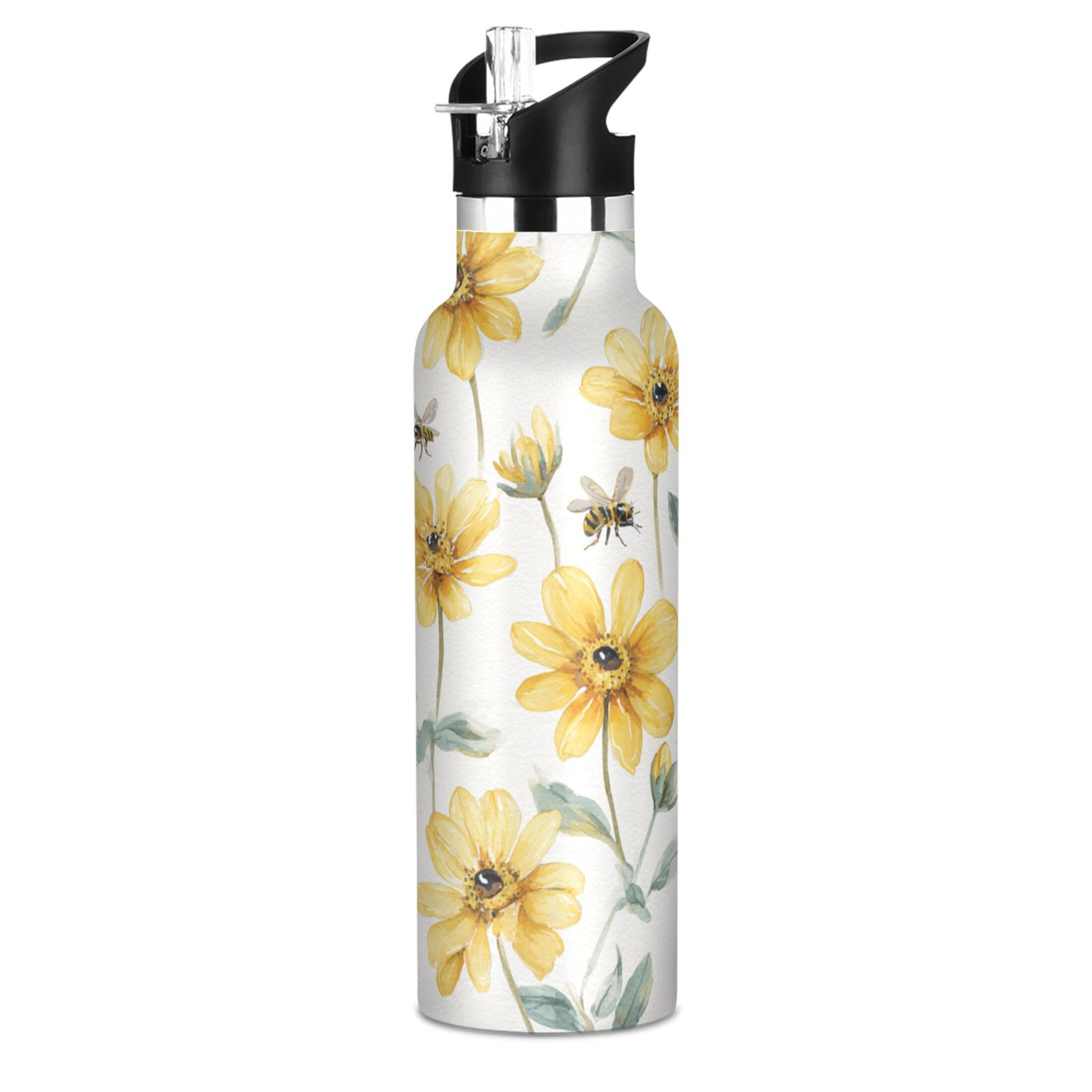 Kids Insulated Stainless Steel Sports Water Bottle 600ml (20oz) Yellow Daisies and Bees