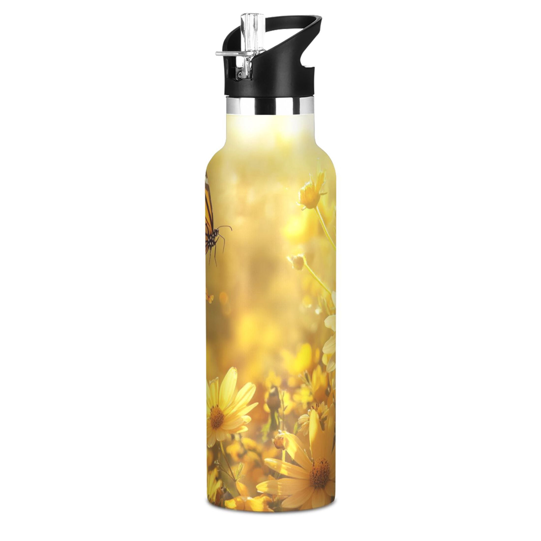 Kids Insulated Stainless Steel Sports Water Bottle 600ml (20oz) Yellow Flowers and Butterfly