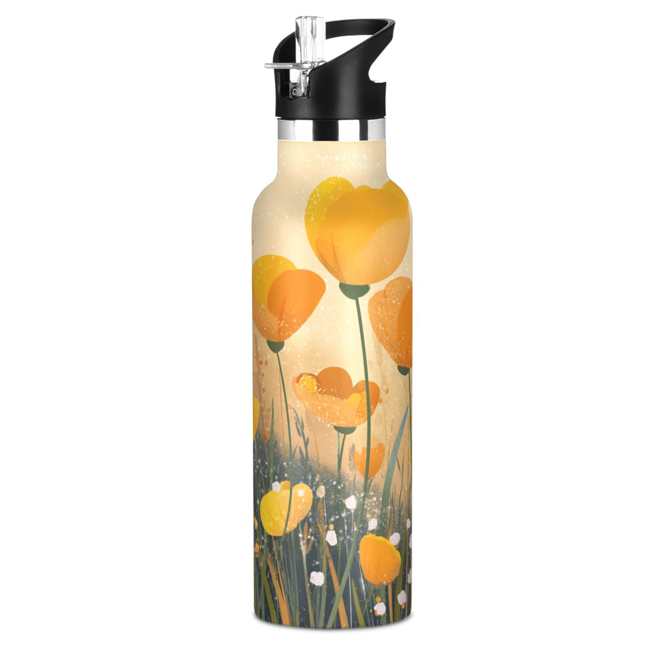 Kids Insulated Stainless Steel Sports Water Bottle 600ml (20oz) Yellow Flowers on The Grass