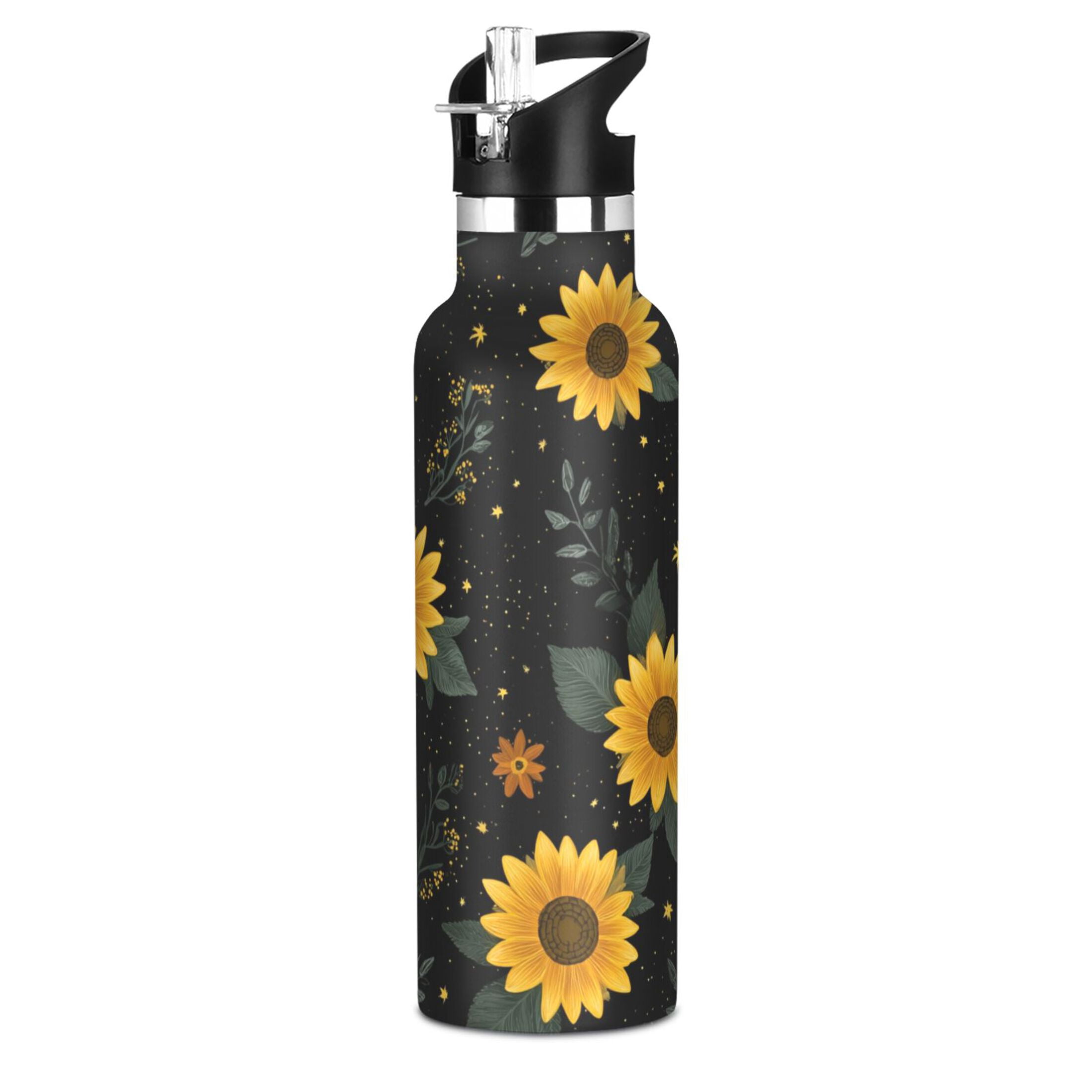 Kids Insulated Stainless Steel Sports Water Bottle 600ml (20oz) Yellow Sunflower Pattern
