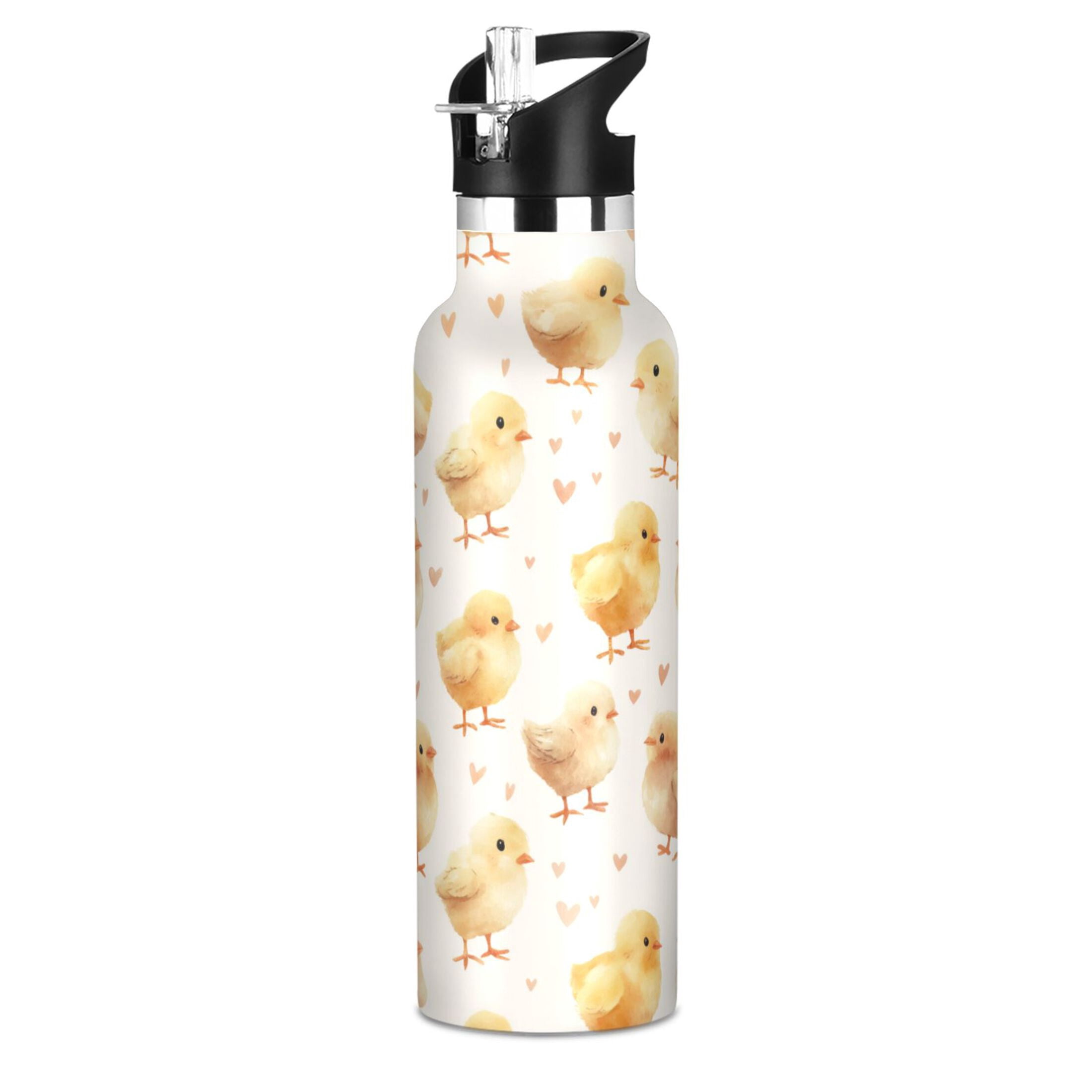 Kids Insulated Stainless Steel Sports Water Bottle 600ml (20oz) Yellow and Cream Chicks