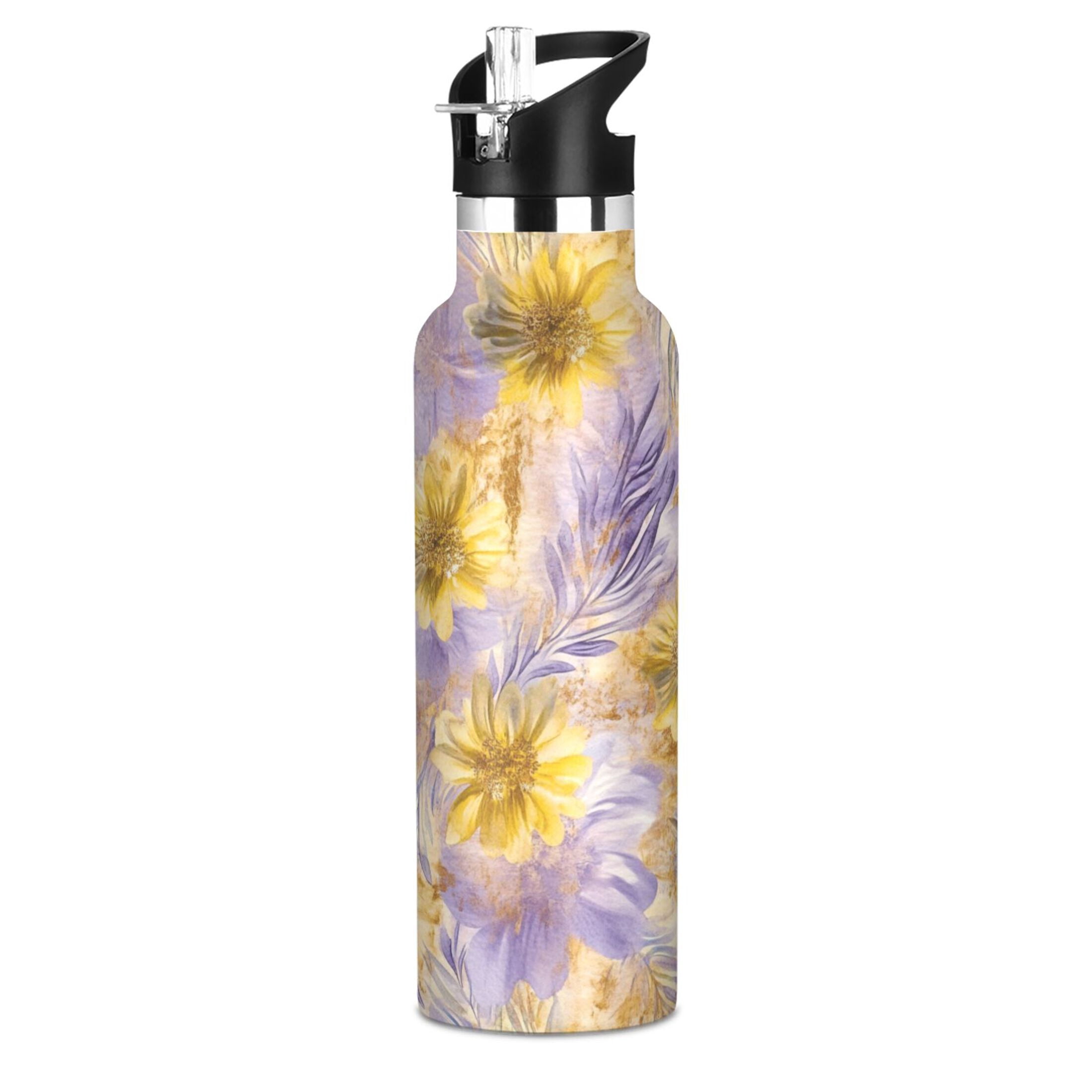 Kids Insulated Stainless Steel Sports Water Bottle 600ml (20oz) Yellow and Lavender Flowers