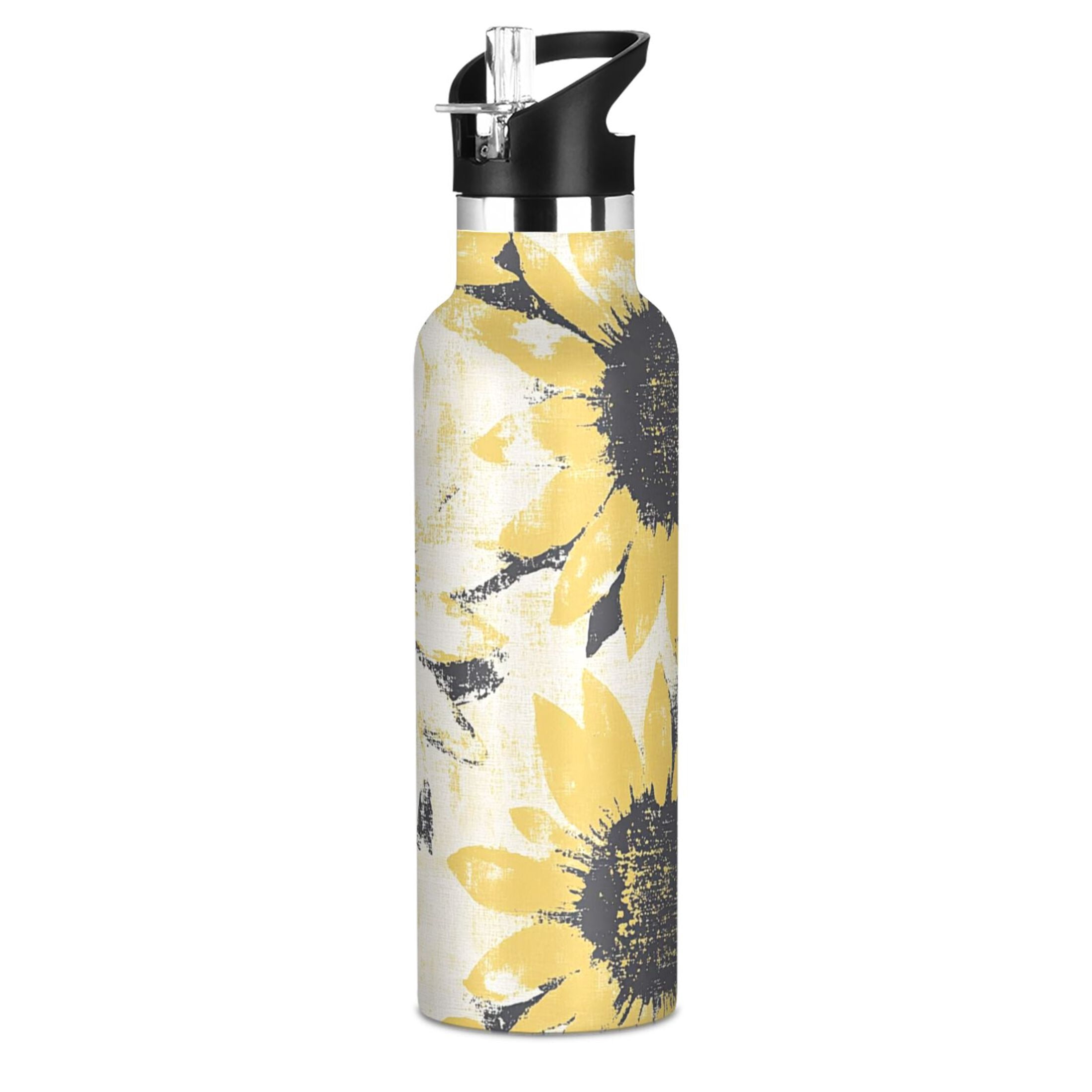 Kids Insulated Stainless Steel Sports Water Bottle 600ml (20oz) Yellow and White Sunflower
