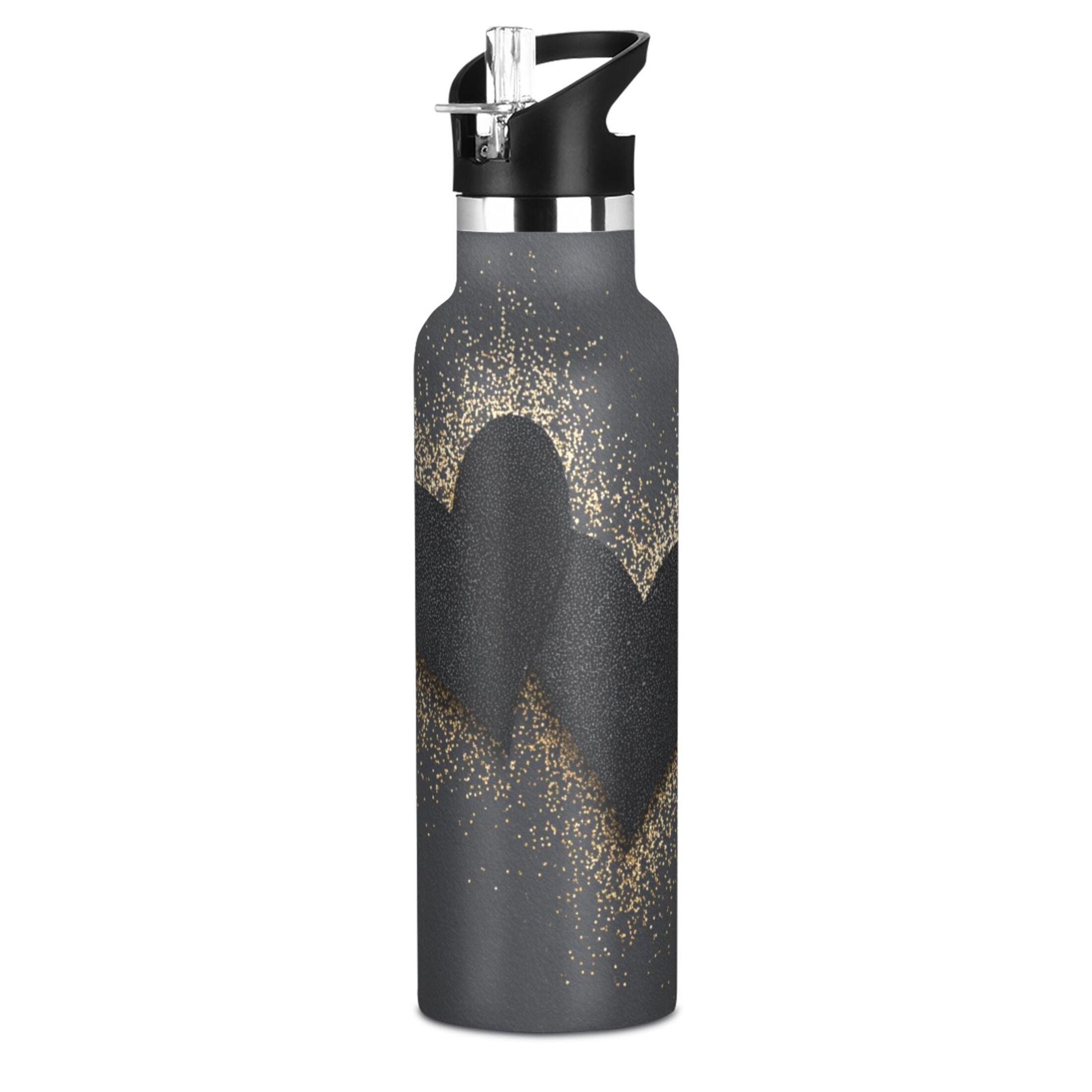 Kids Insulated Stainless Steel Sports Water Bottle 600ml Black Hearts with Gold Glitter
