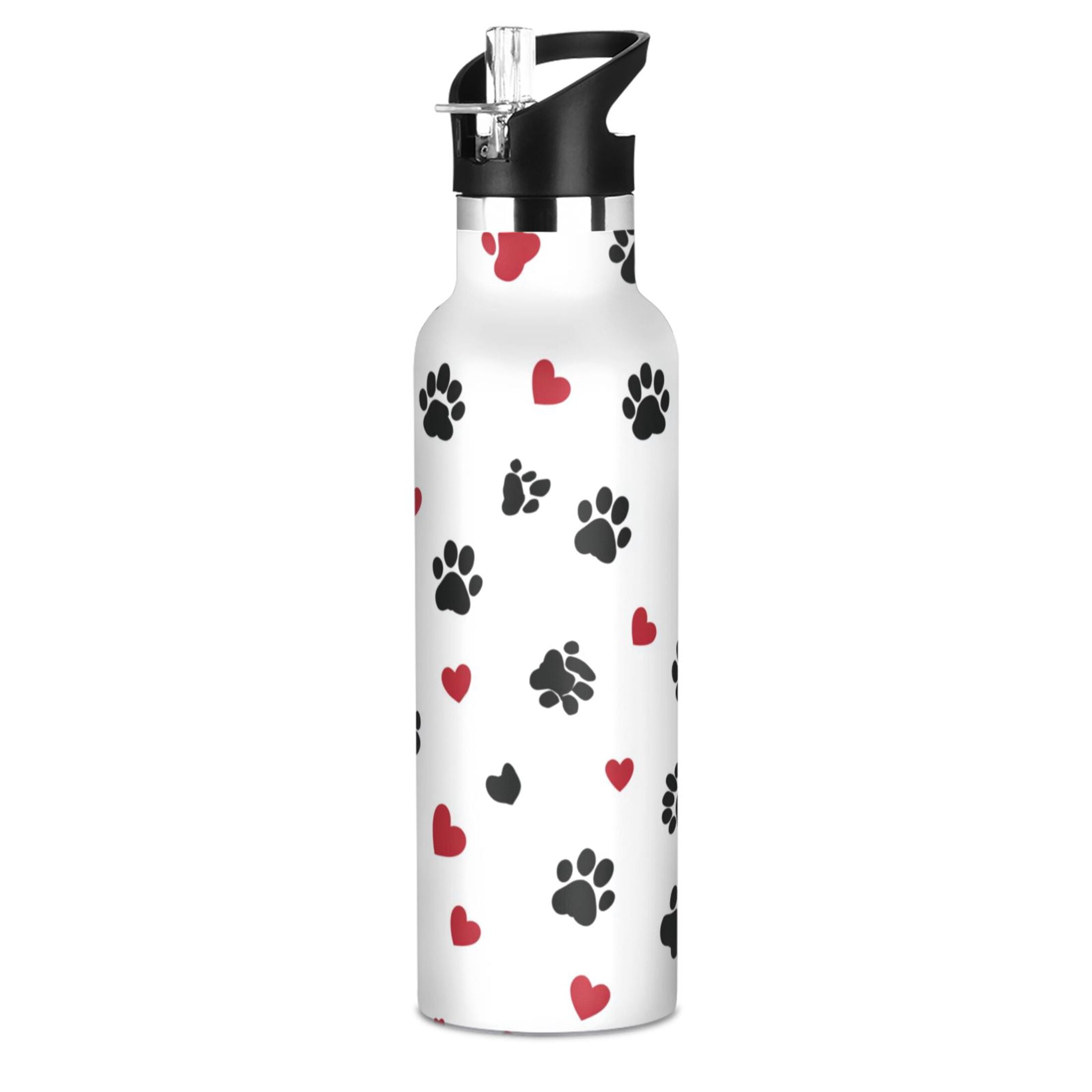 Kids Insulated Stainless Steel Sports Water Bottle 600ml Black Paws and Hearts Pattern