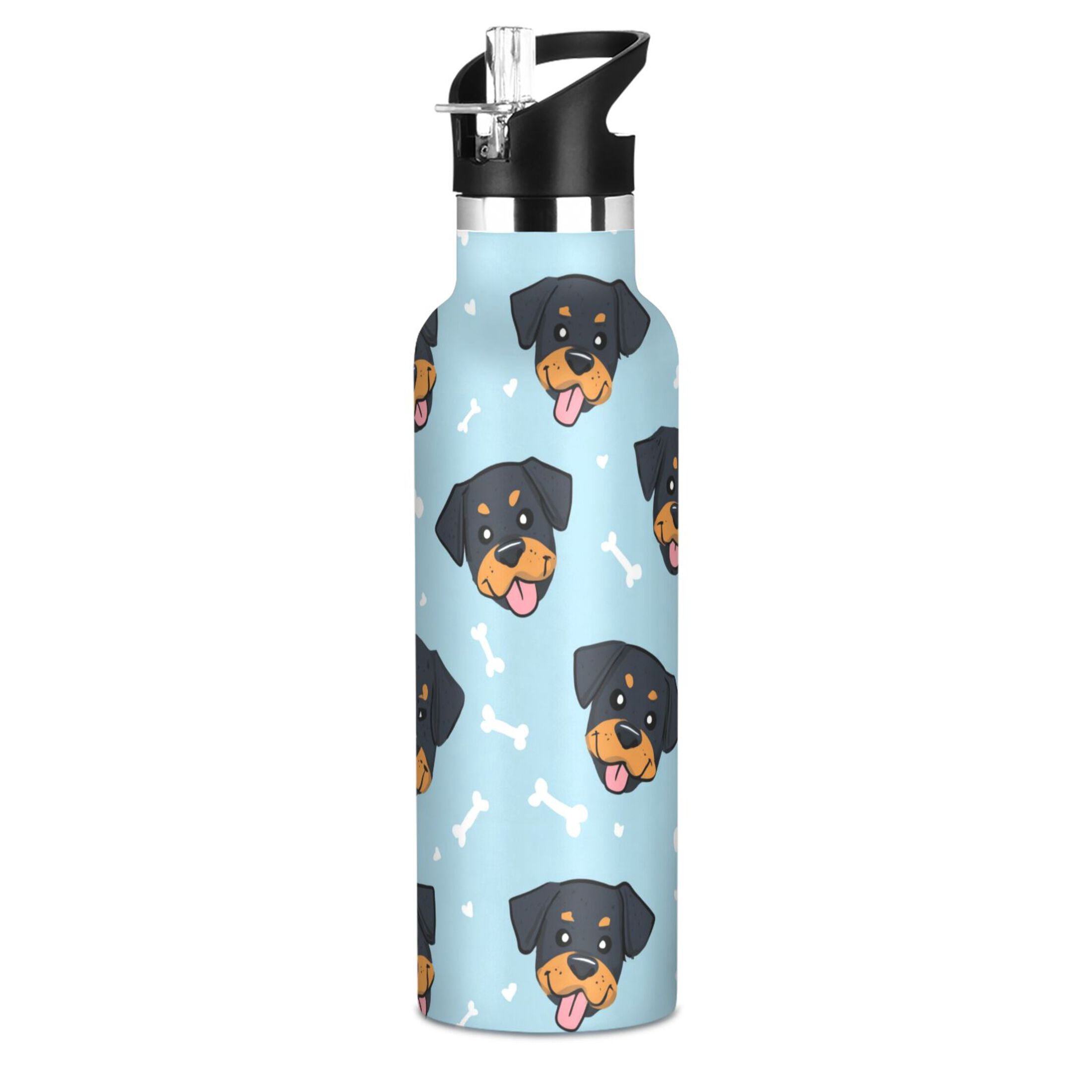 Kids Insulated Stainless Steel Sports Water Bottle 600ml Cartoon Dog Faces and Bones