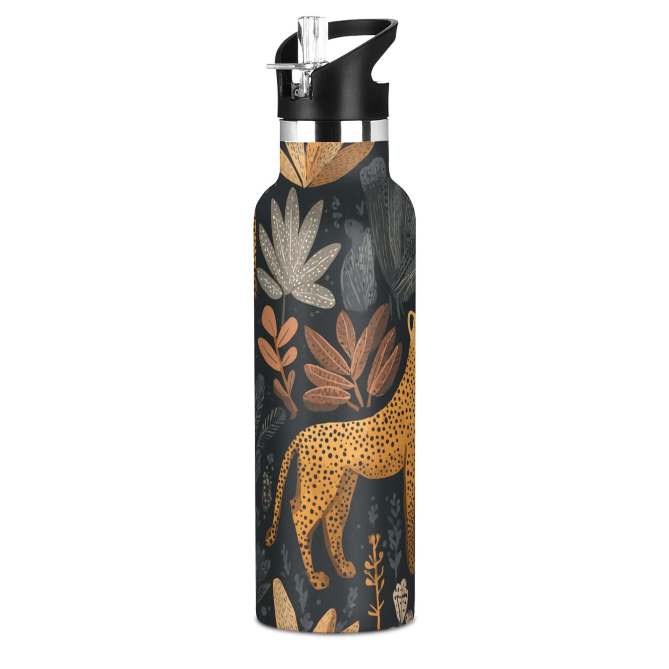 Kids Insulated Stainless Steel Sports Water Bottle 600ml Cheetahs and Jungle Foliage Pattern